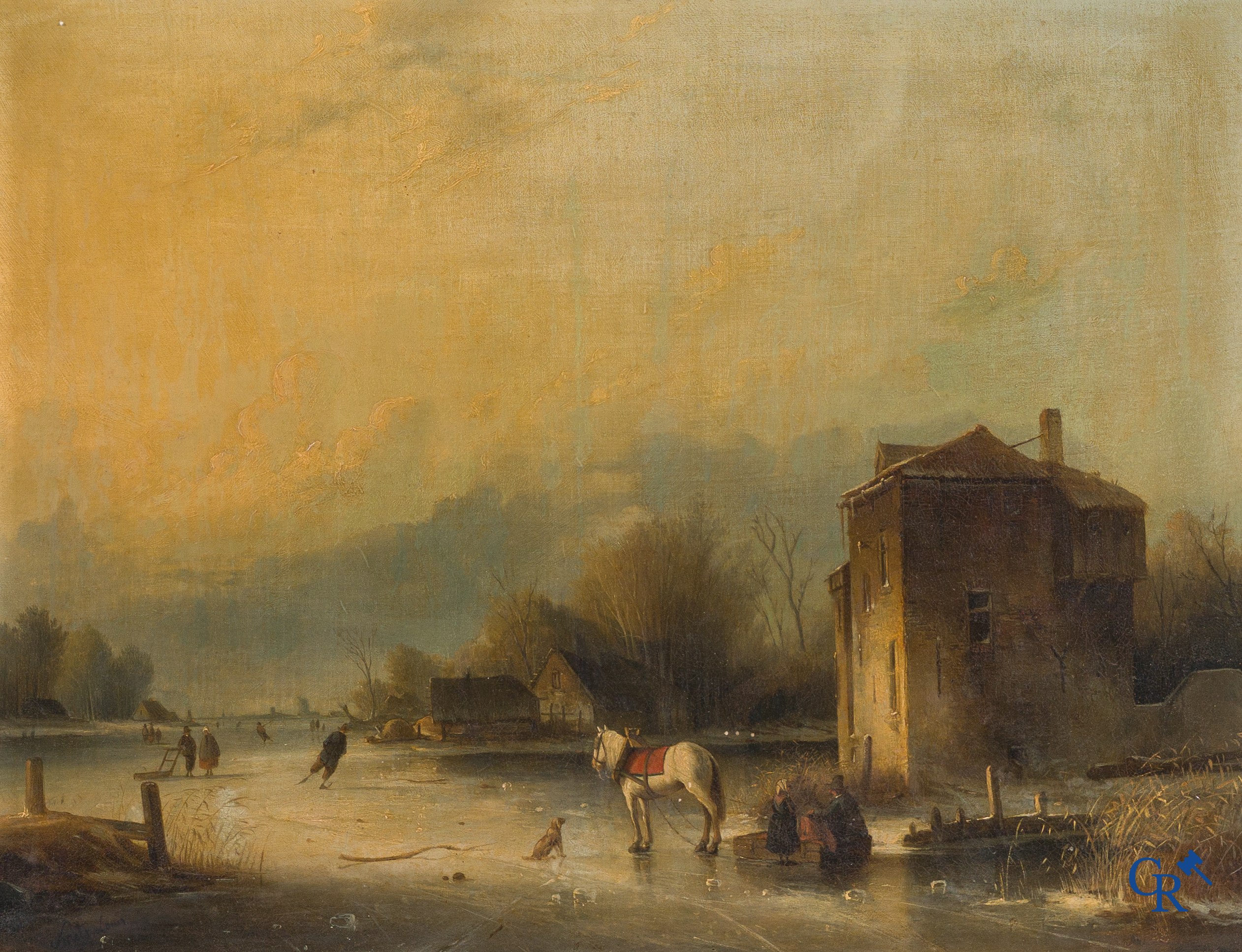 Smets Louis, (1840-1896) Winter waterlandschap met personages en een paard op het ijs. Olie op mahonie.