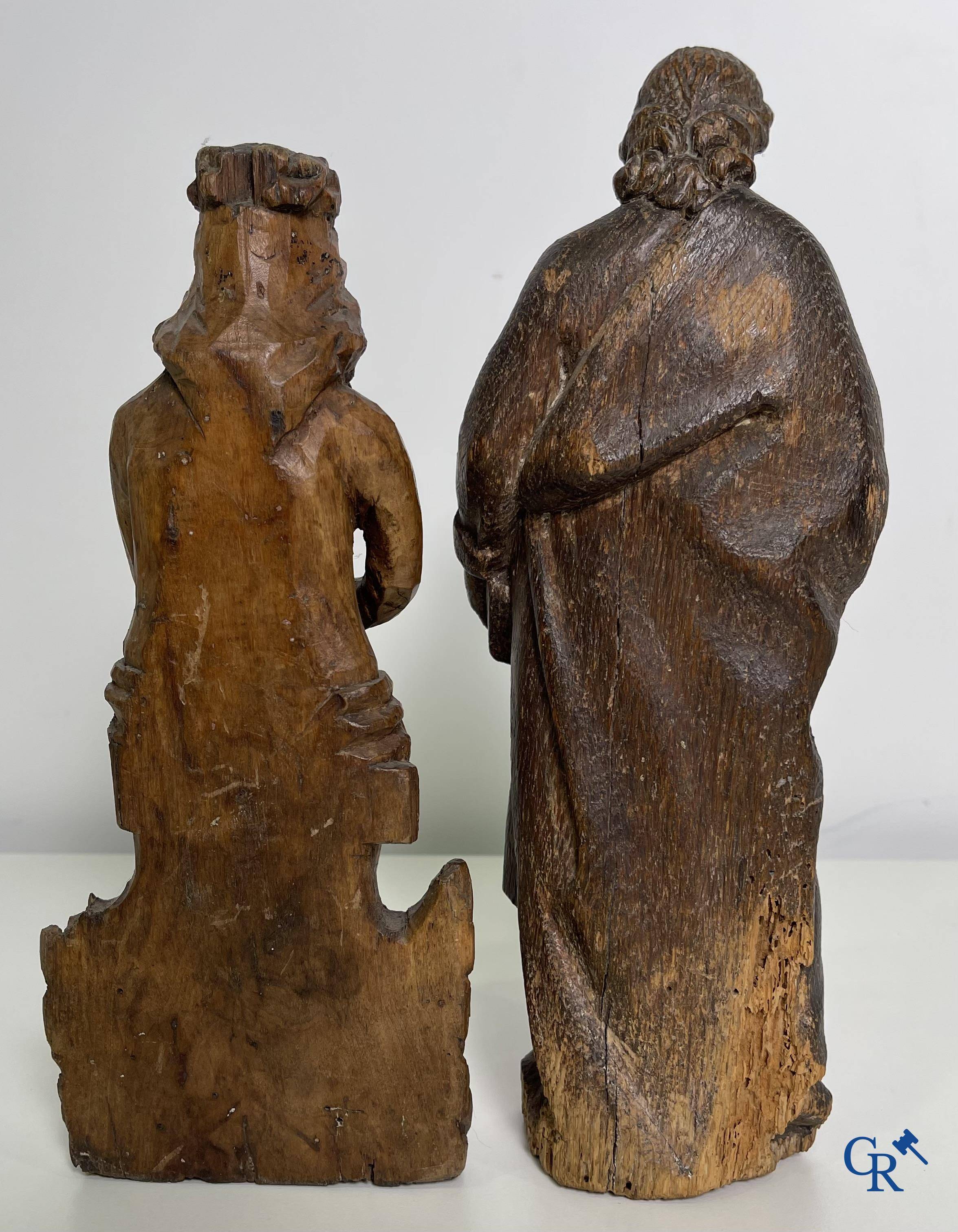 2 religious wood sculptures. Christ on the cold stone and a statue of an apostle. 18th century.