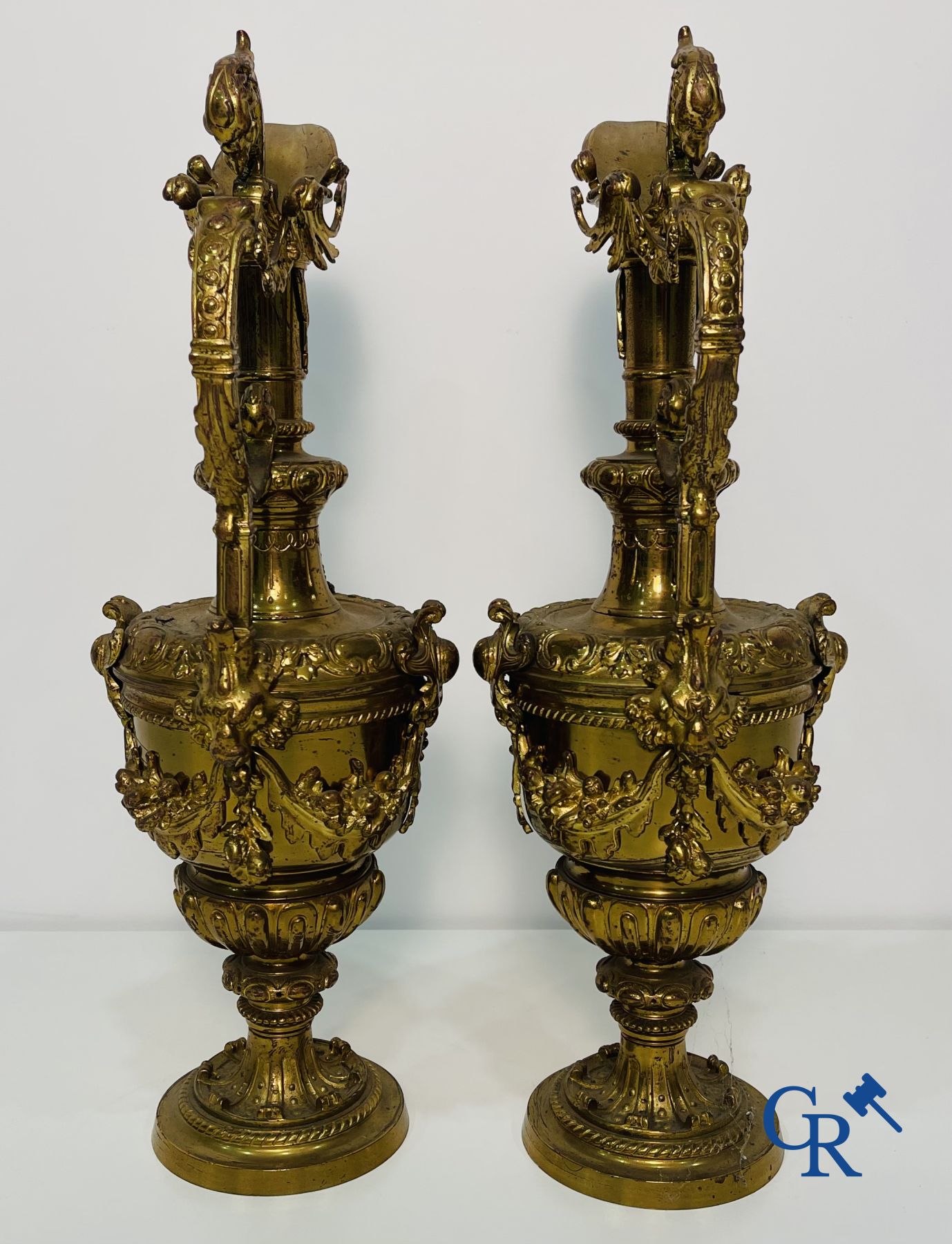 A pair of gilded bronze ewer vases. Napoleon III period.