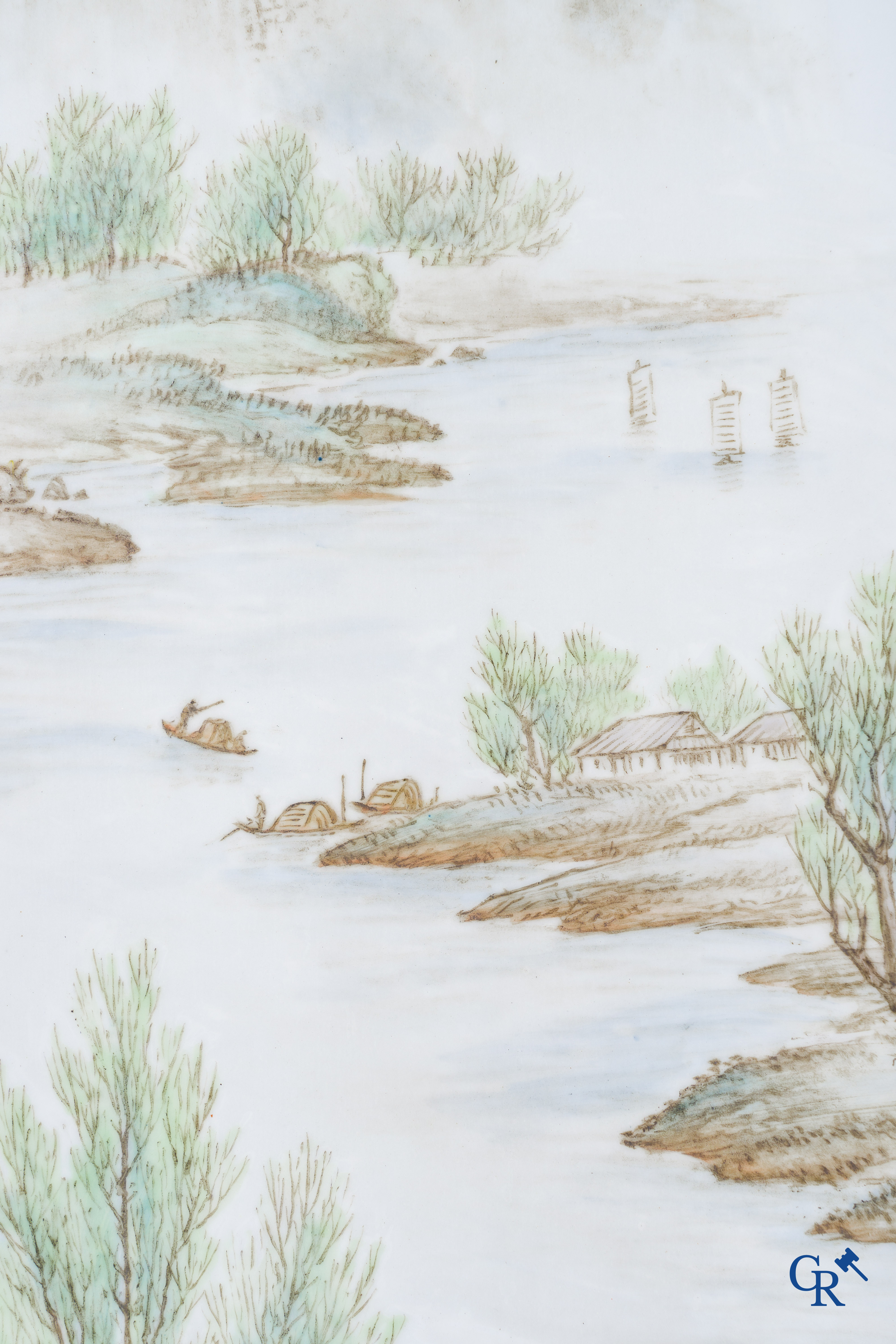 Asian Art: Chinese porcelain, 2 Chinese porcelain plaques with a decor of characters in mountain landscapes. Marked.