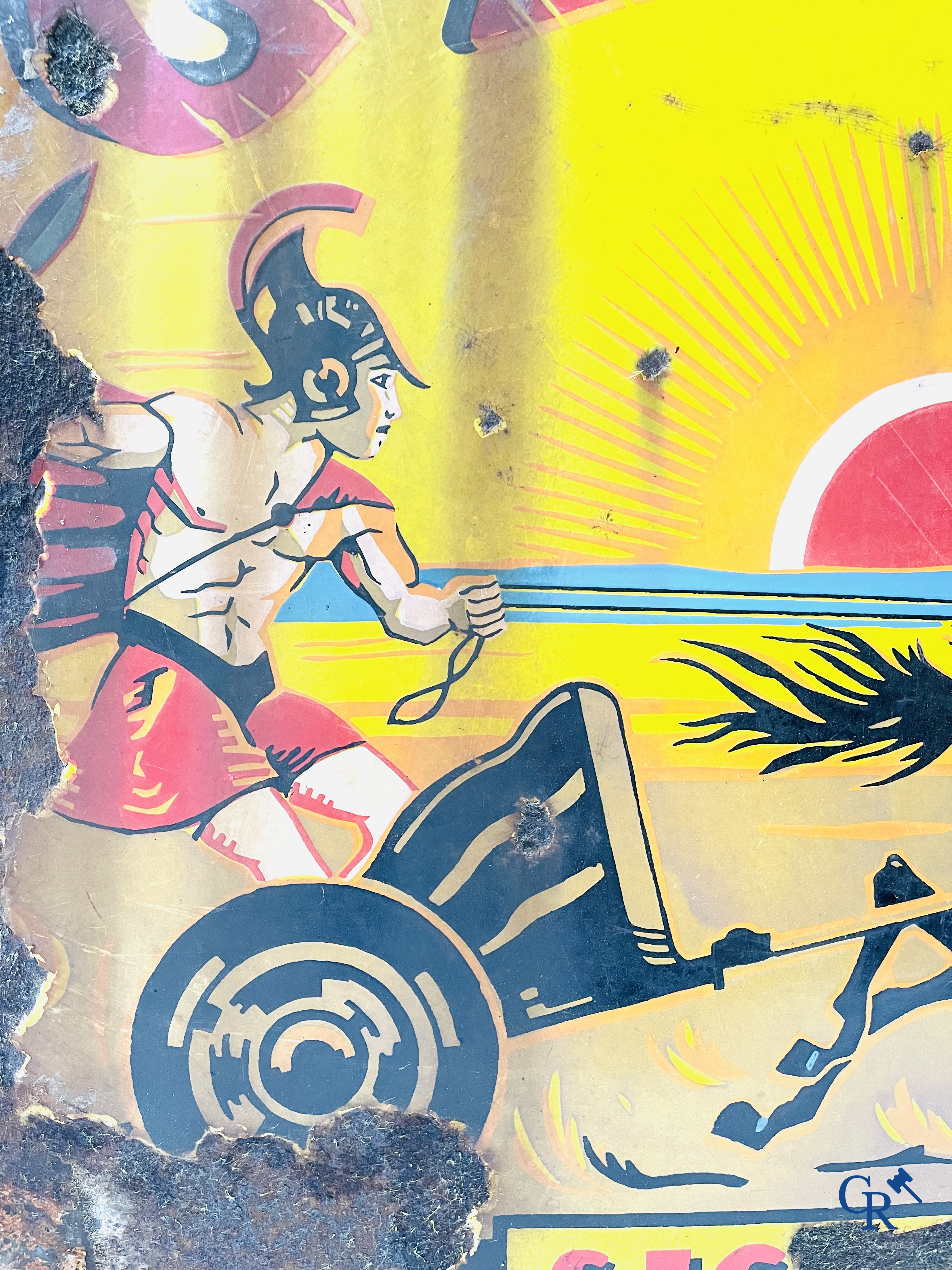 Gladia sigaretten, plaque émaillée publicitaire avec un gladiateur en char. Daté 1928.