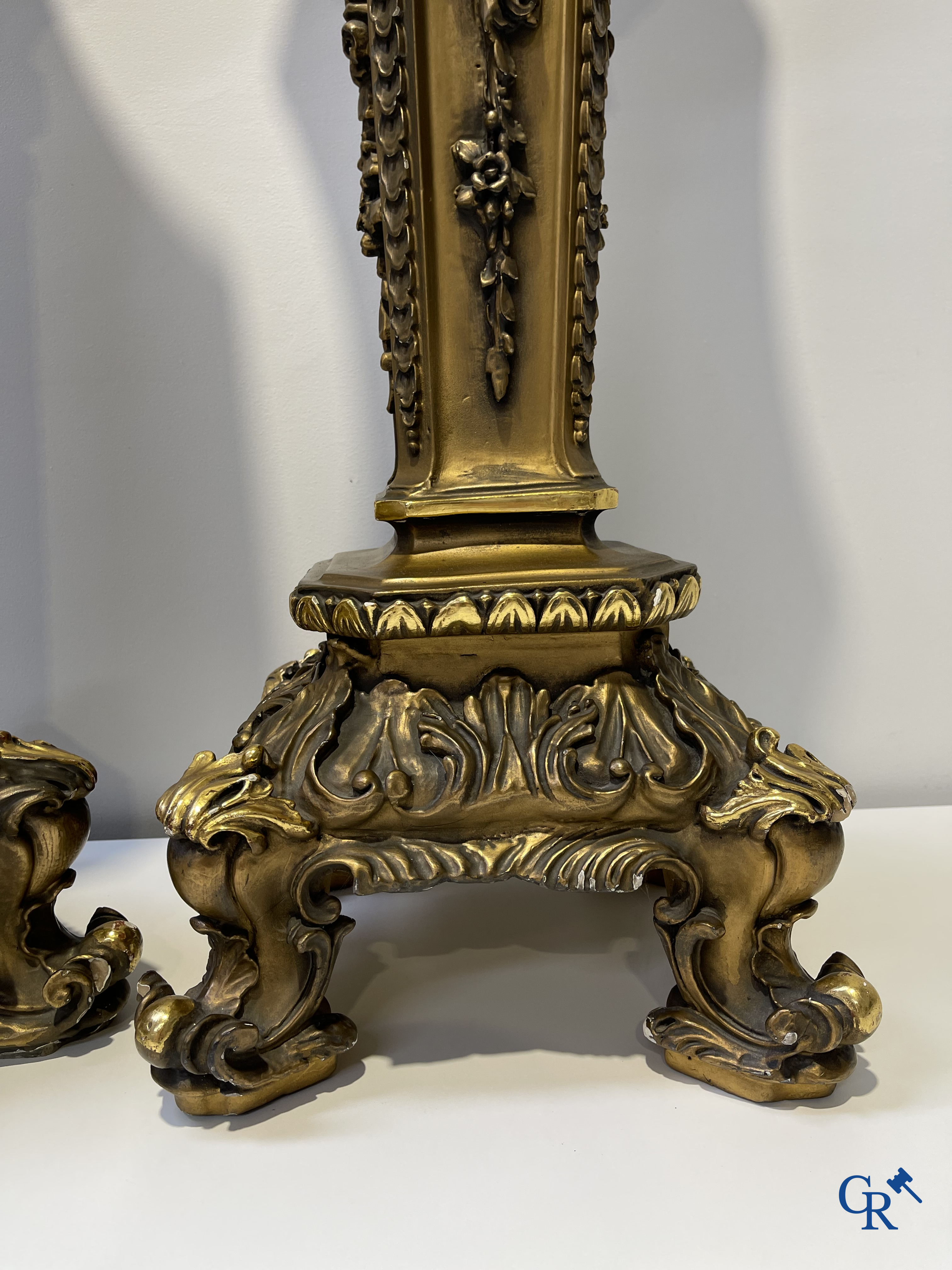 Pair of decorative gilded pedestals with onix top.