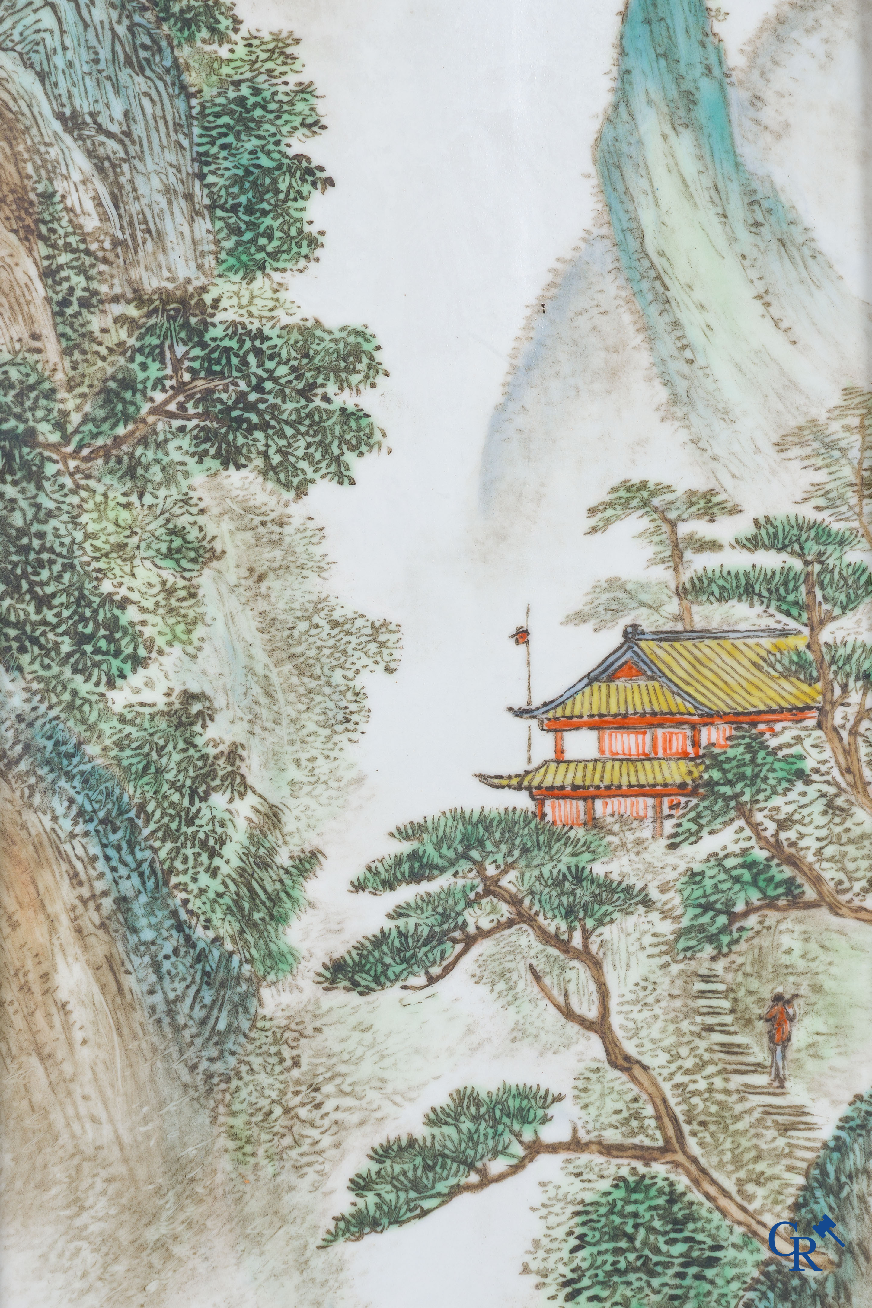 Asian Art: Chinese porcelain, 2 Chinese porcelain plaques with a decor of characters in mountain landscapes. Marked.