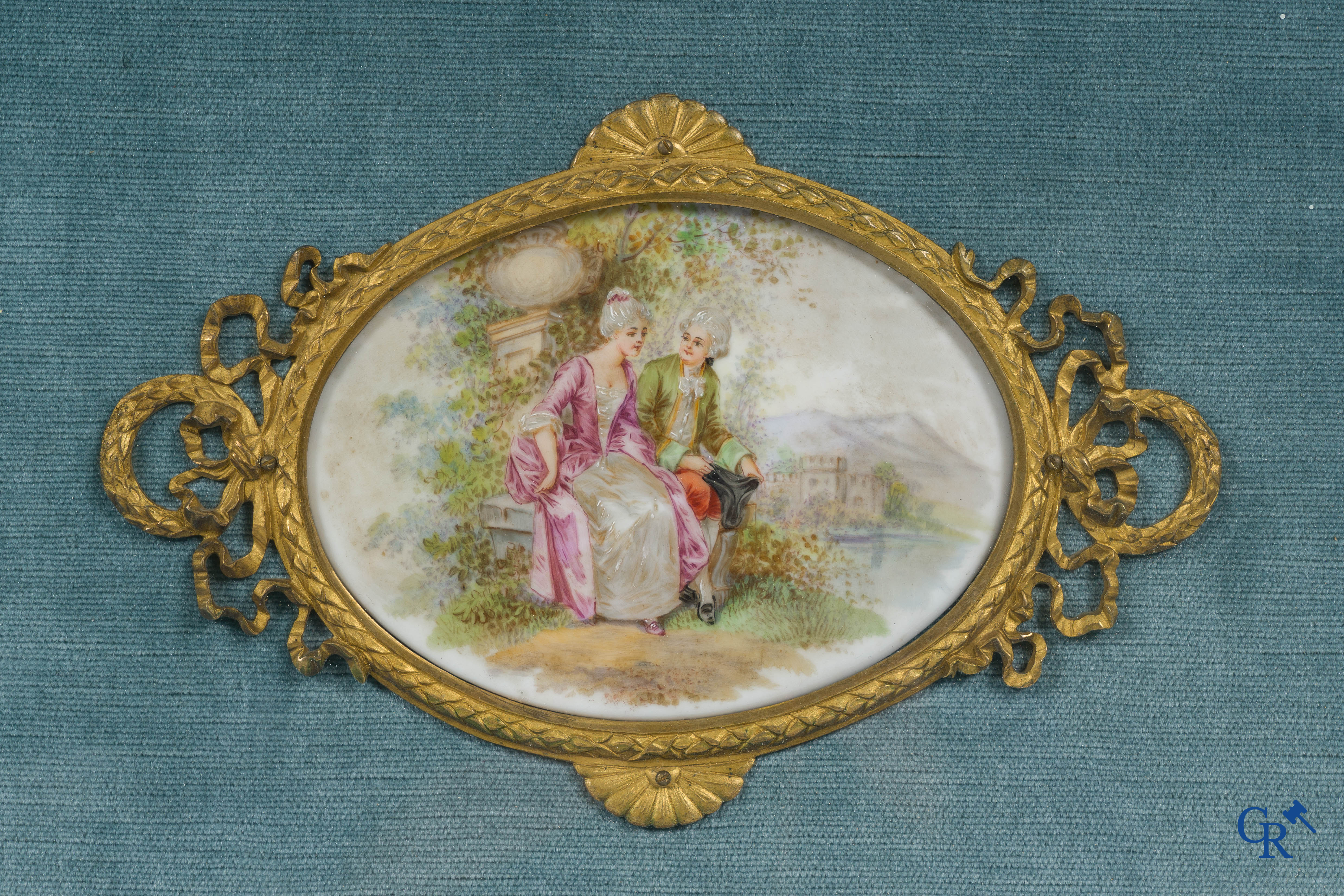 European porcelain in the manner of Sèvres, a set of 6 large porcelain plaques in a bronze LXVI-style frame.