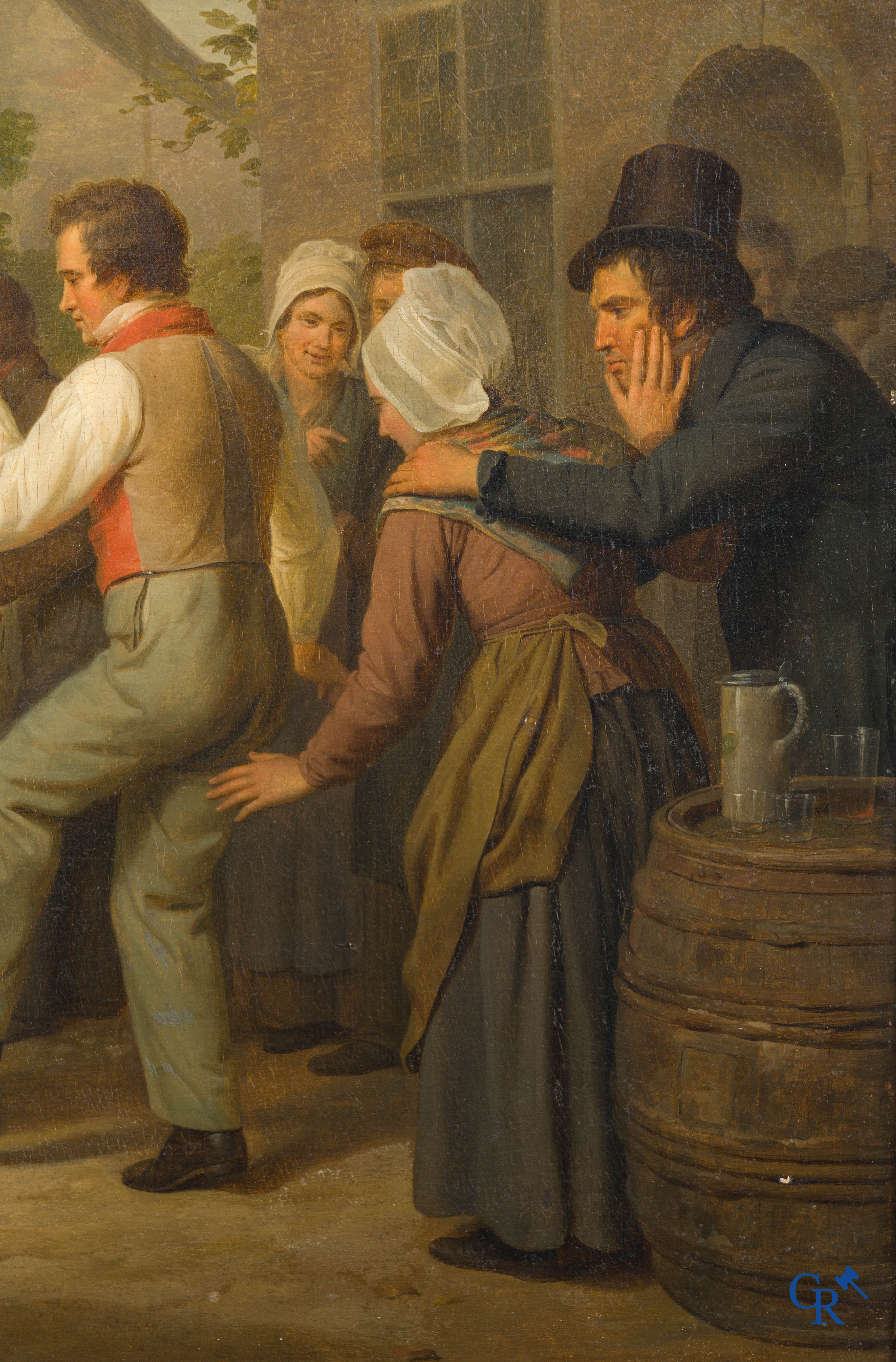 Basile De Loose (1809-1885) "Het dorpsfeest" Olie op paneel in vergulde kader. Gesigneerd B. De Loose fecit 1834.