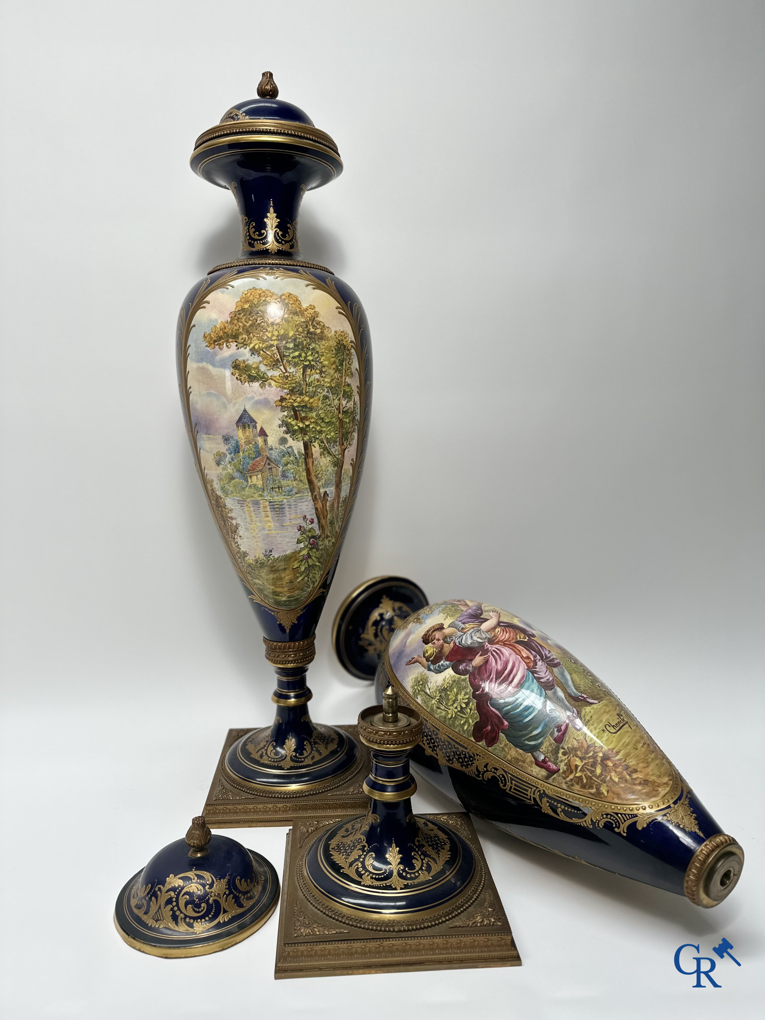 Sèvres: Pair of large bronze mounted vases in Sèvres porcelain. Late 19th century.