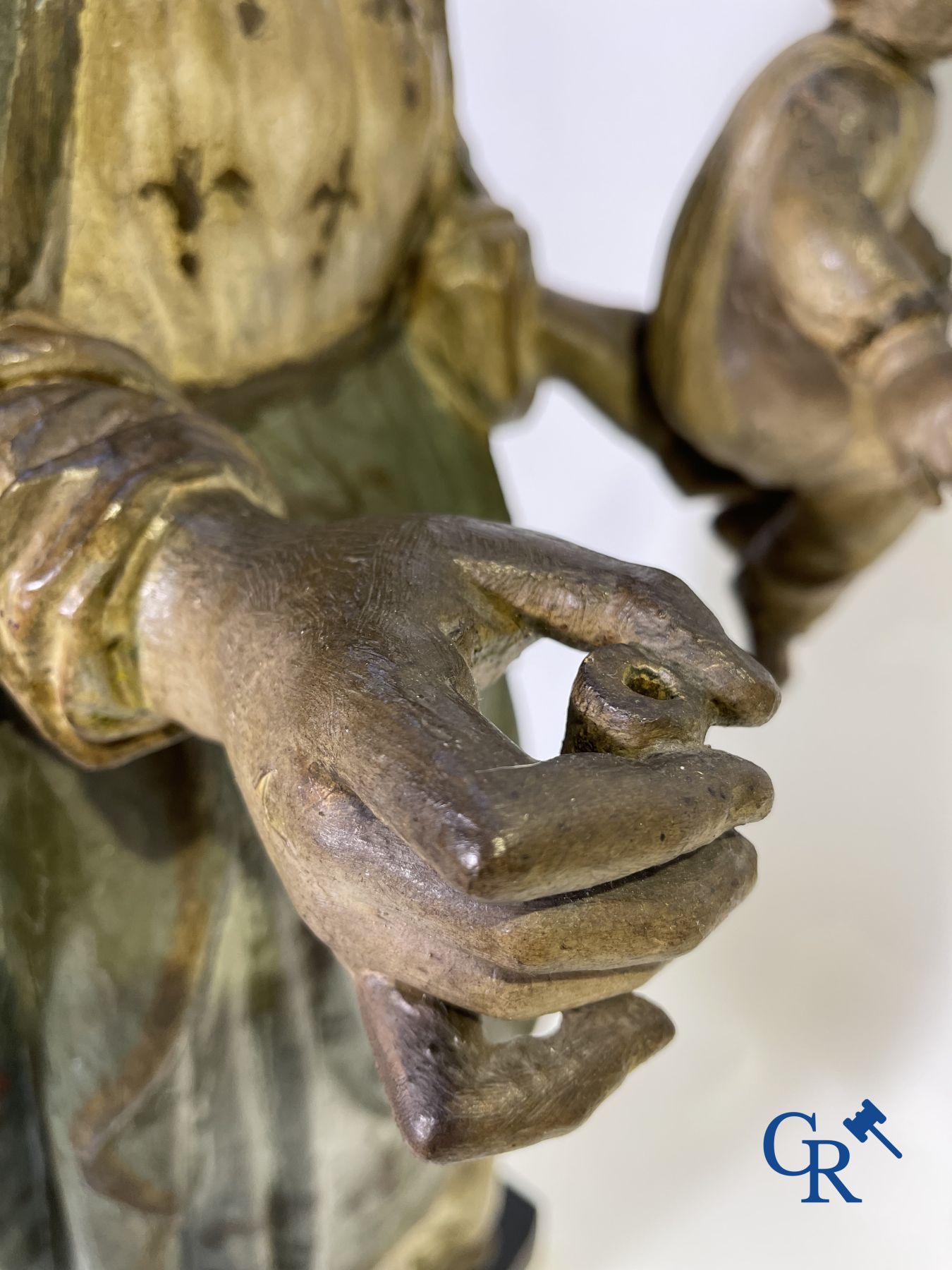 Wooden polychrome Baroque sculpture of Mary with child. The Crown inlaid with an amber-like rock.