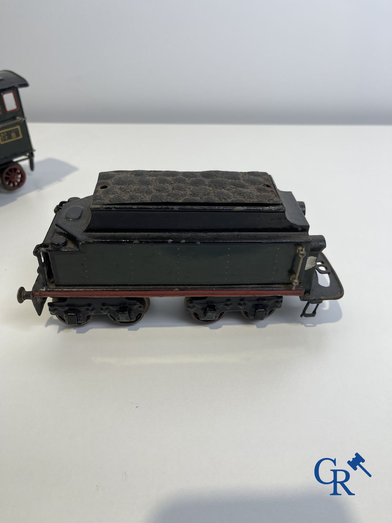 Old toys: Märklin, Locomotive with towing tender and dining car.<br />
About 1930.