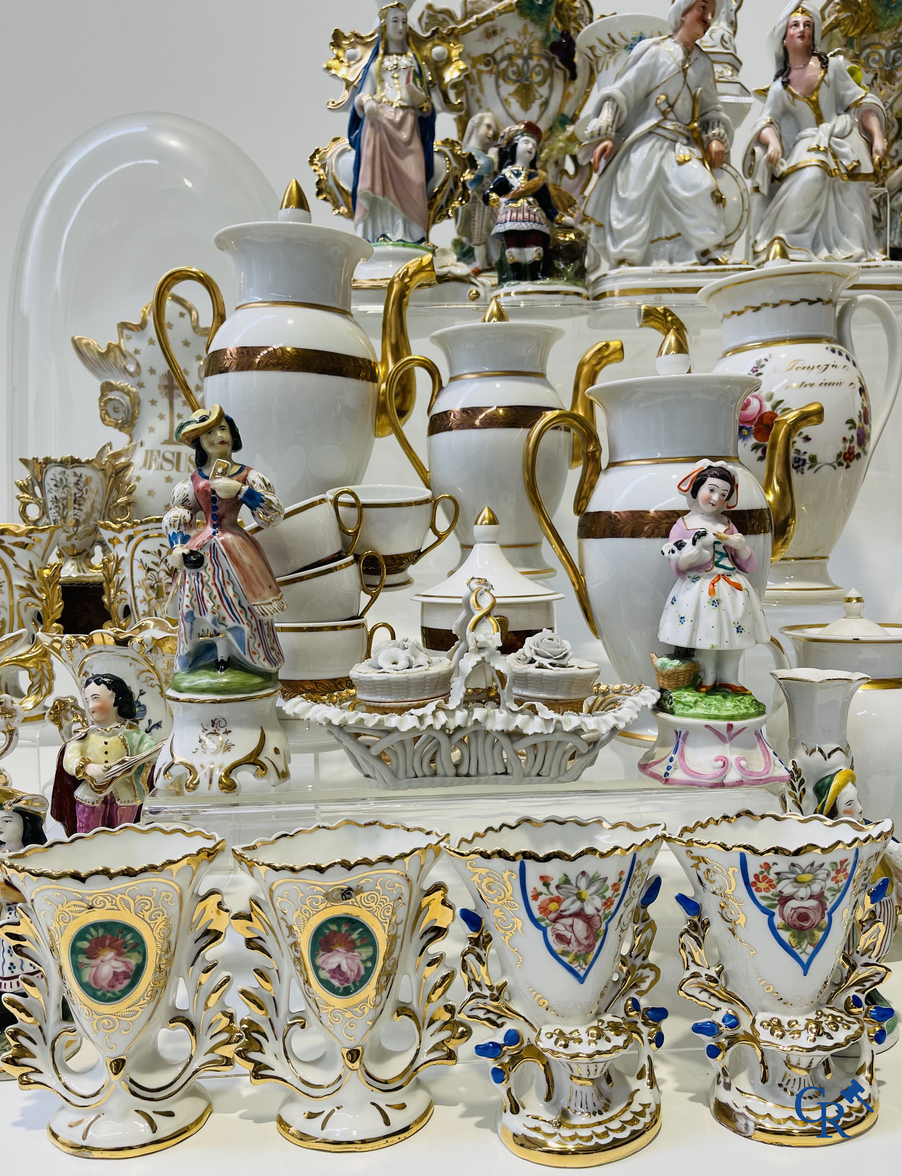 Large lot of holy water vessels, statues of saints, etc. in old Brussels and Paris porcelain. 