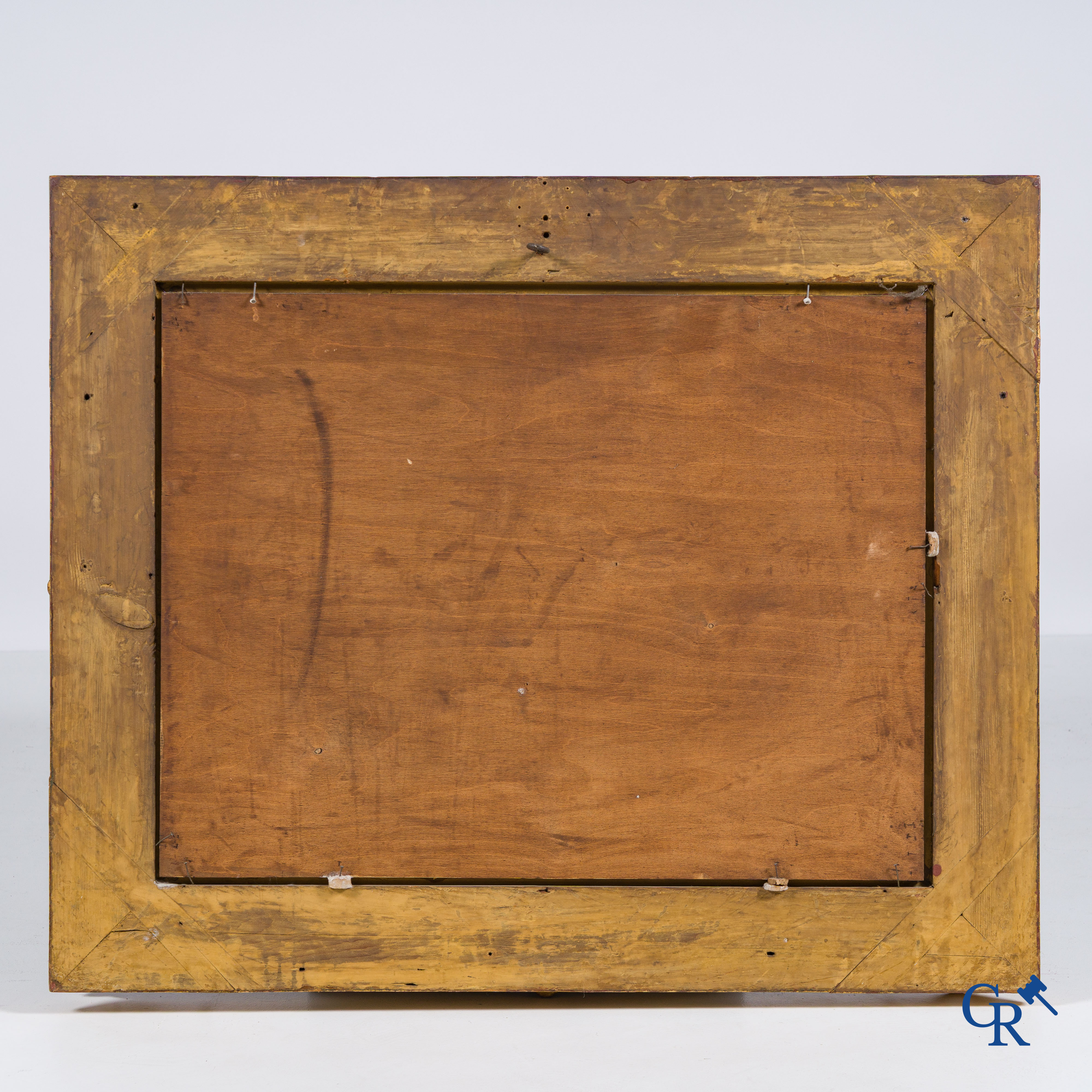 Smets Louis, (1840-1896) Winter waterlandschap met personages en een paard op het ijs. Olie op mahonie.