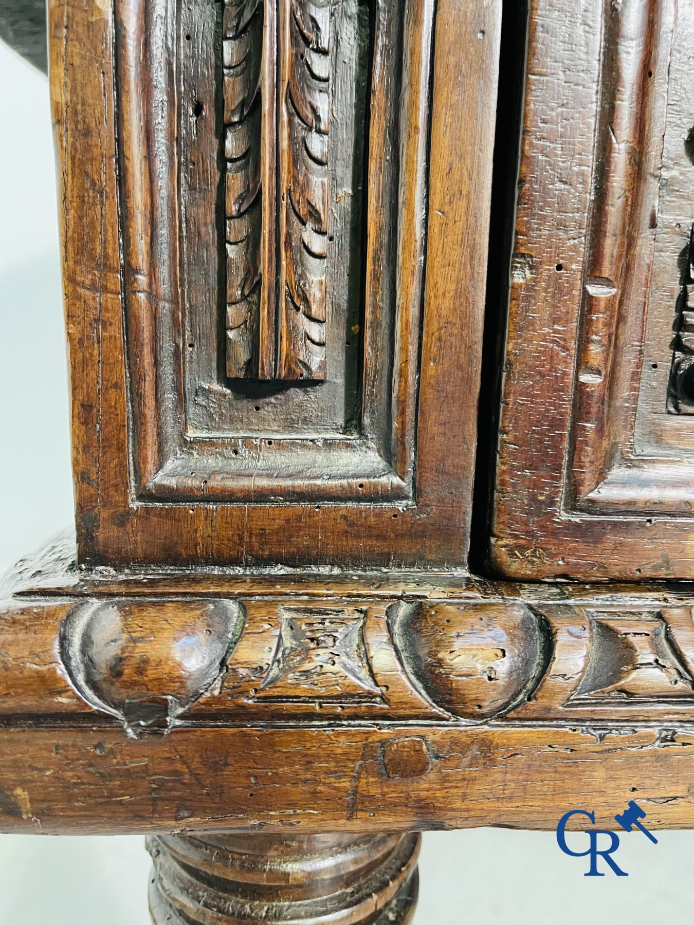 Furniture: 17th century carved walnut table with 3 drawers.