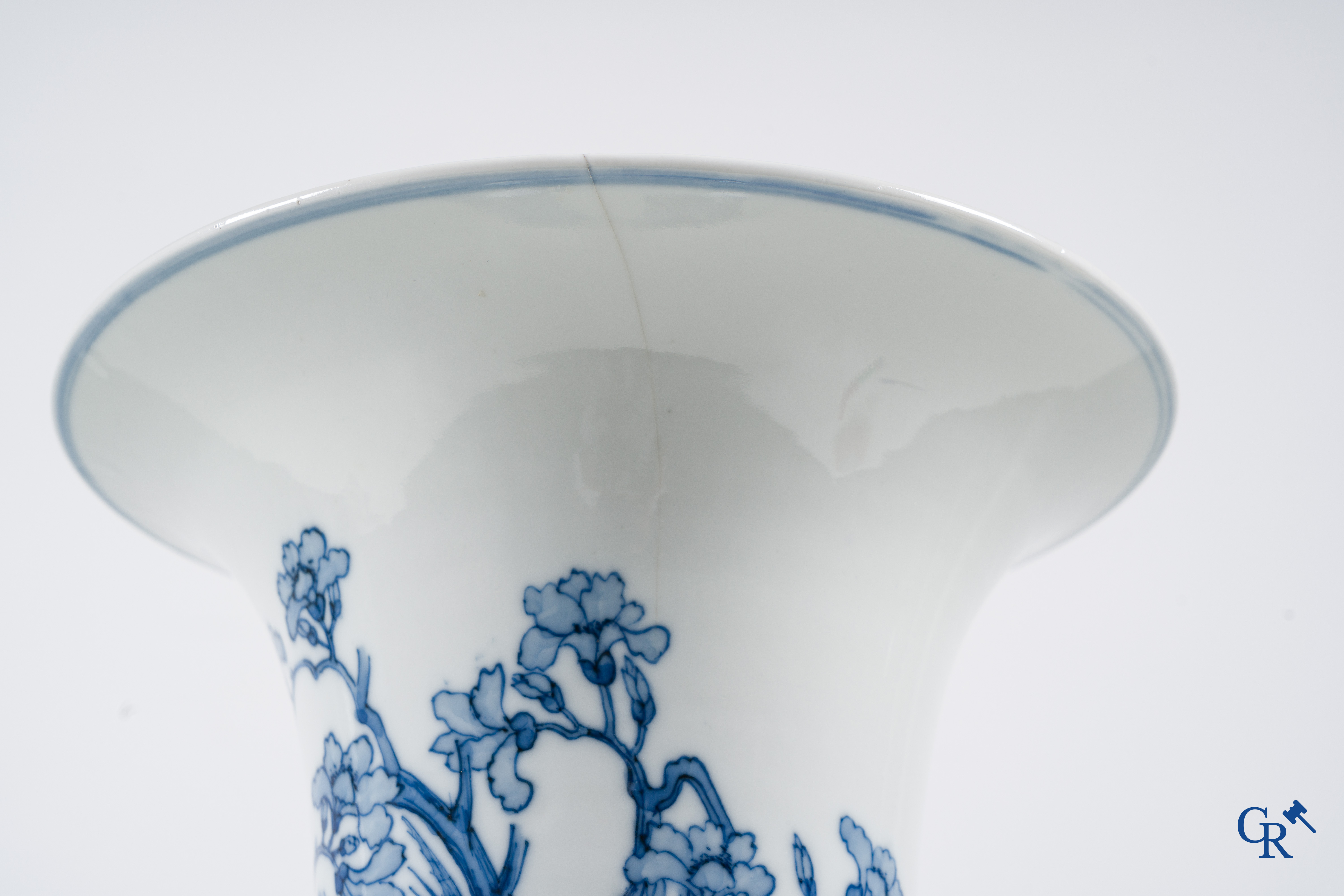 Art Asiatique, porcelaine chinoise, un vase yen yen bleu blanc avec des oiseaux et des fleurs. Kangxi mark.