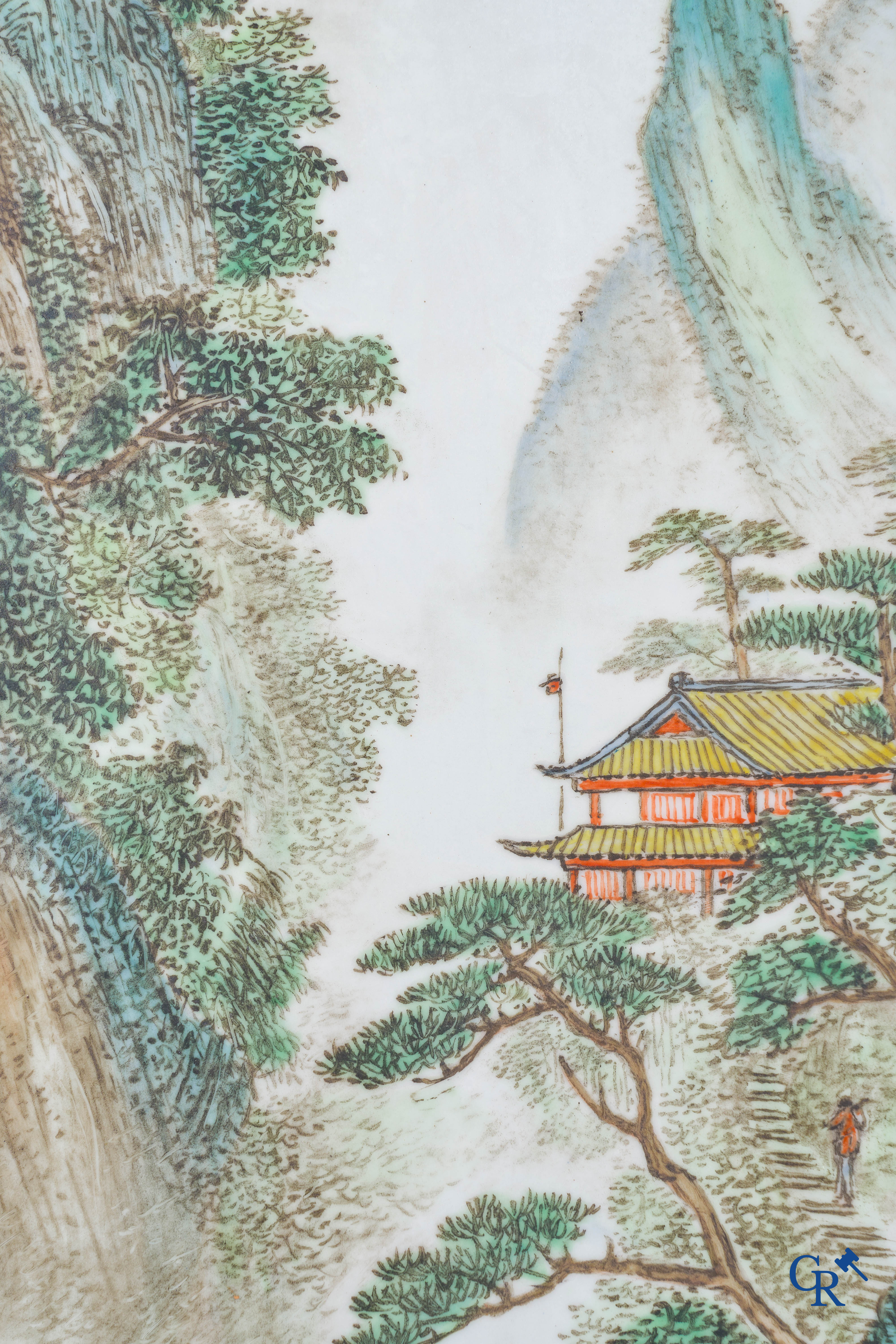 Asian Art: Chinese porcelain, 2 Chinese porcelain plaques with a decor of characters in mountain landscapes. Marked.