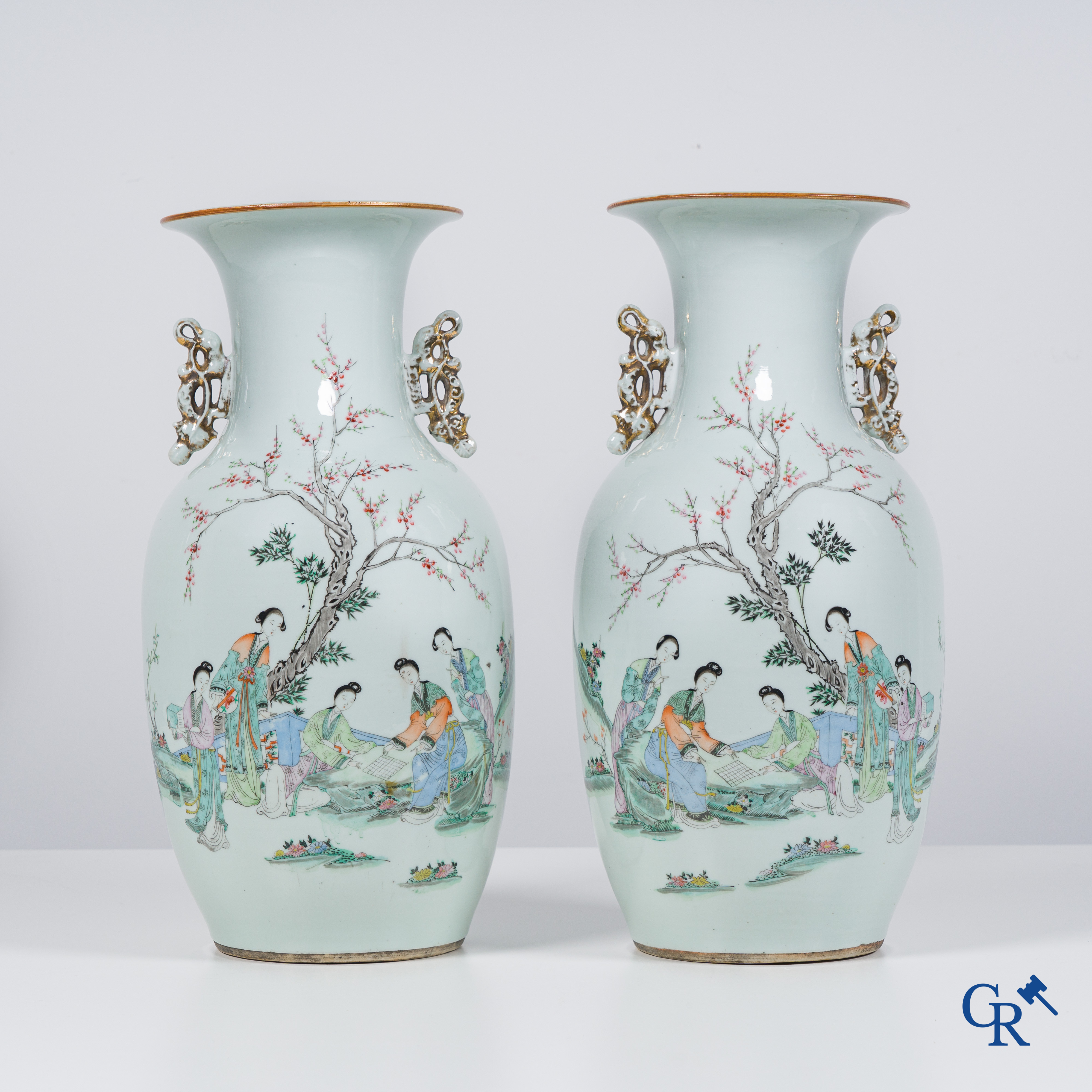 Asian Art: Chinese porcelain, a pair of Chinese vases with ladies in a garden. Republic period.