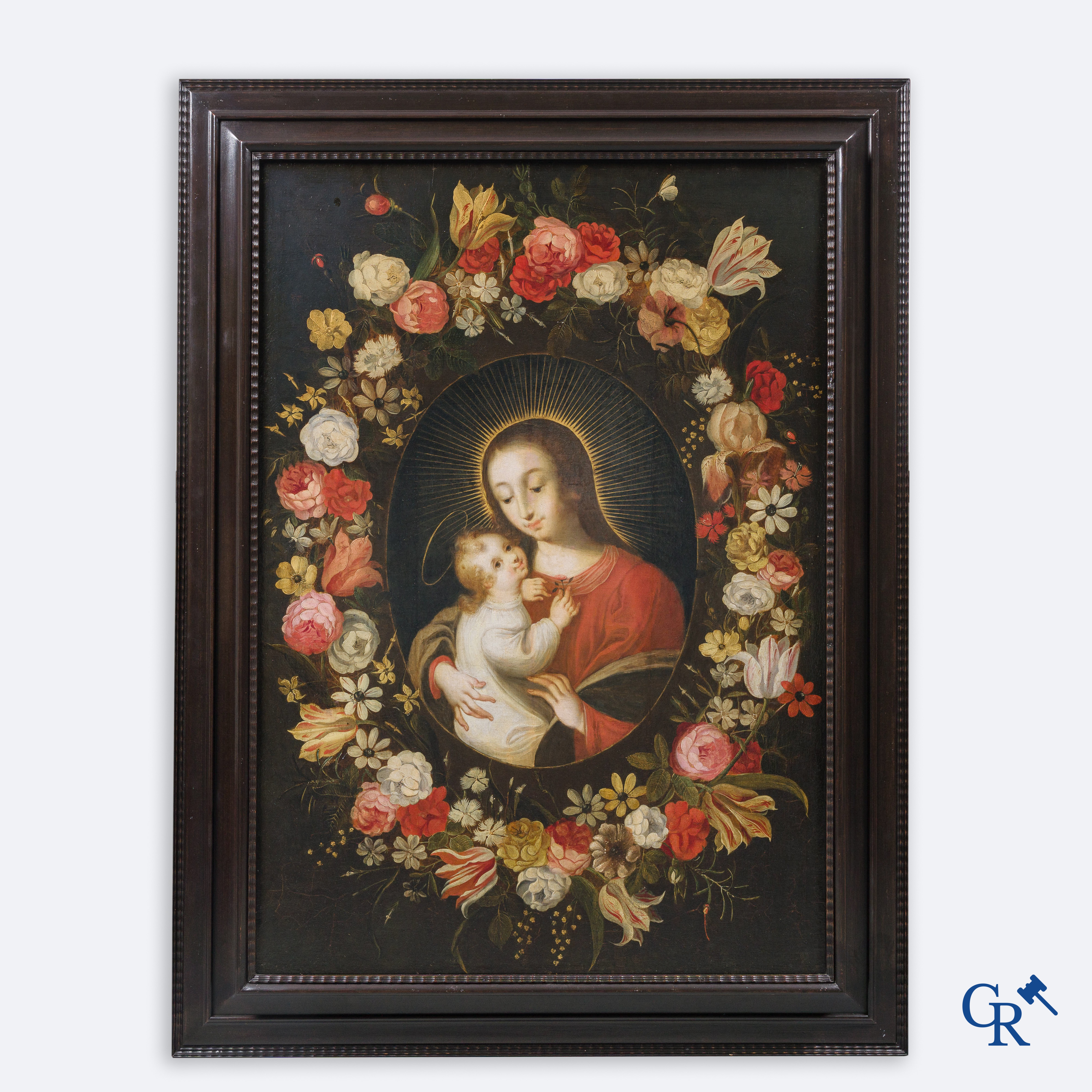 Flemish school, in the manner of Daniel Seghers. Mary with child in a wreath of flowers. Oil on panel.