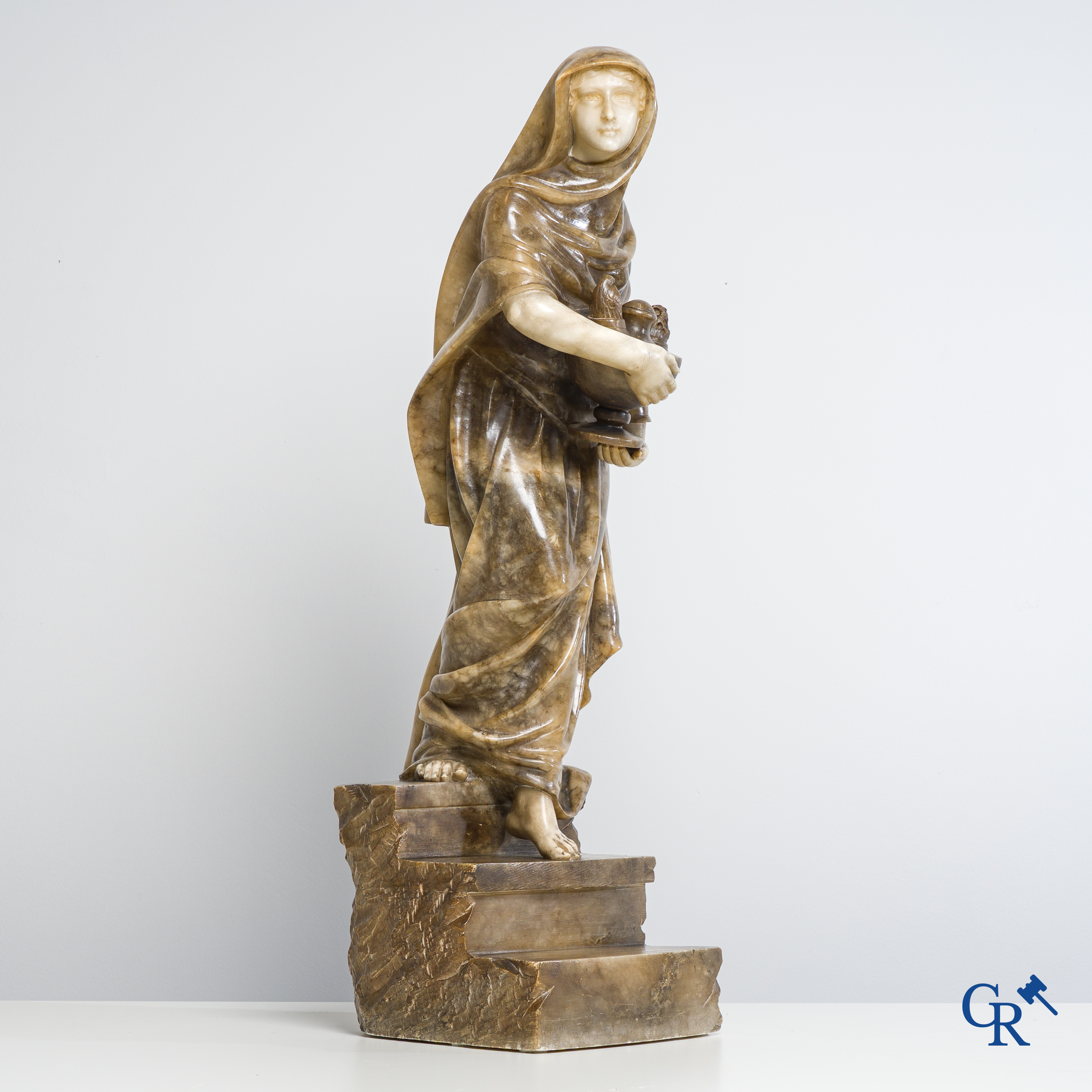 A. Del Perugia. Large statue of a Vestal Virgin in multicolored alabaster. Italian work circa 1900.