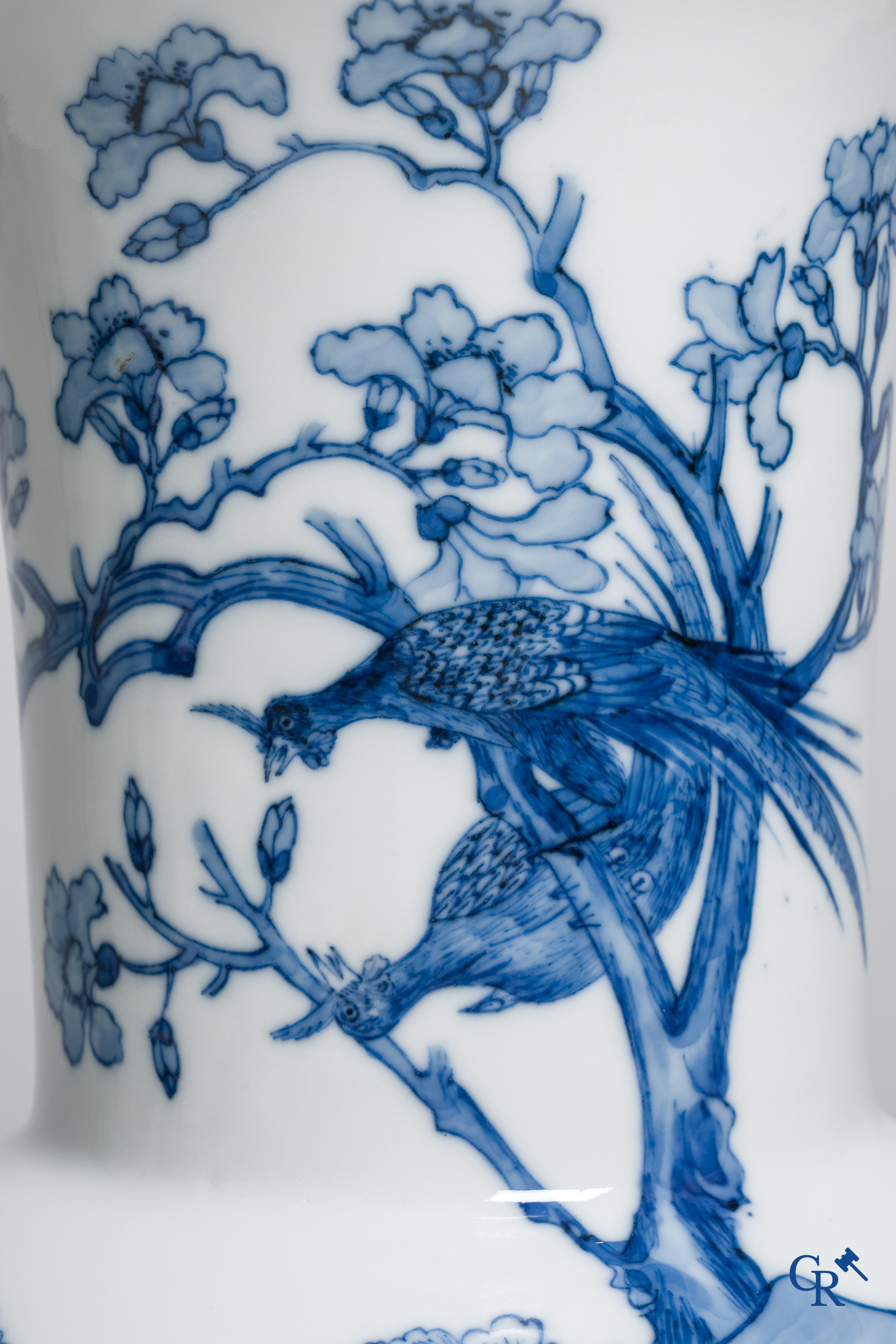 Art Asiatique, porcelaine chinoise, un vase yen yen bleu blanc avec des oiseaux et des fleurs. Kangxi mark.