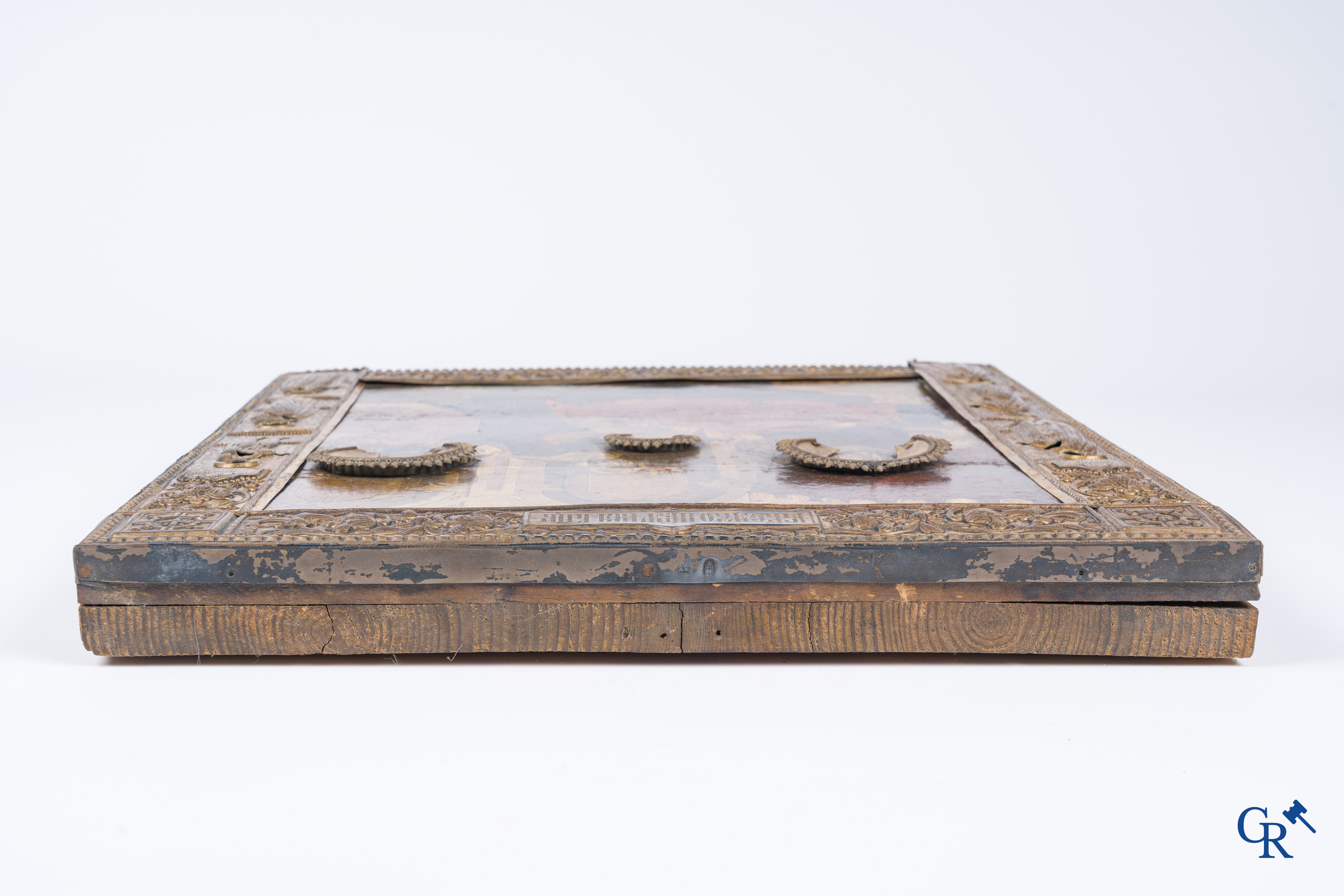 Russisch werk. De geboorte van Jezus. Grote Russische icoon met zilver oklad. Zilvergehalte 84 en gedateerd 1883.