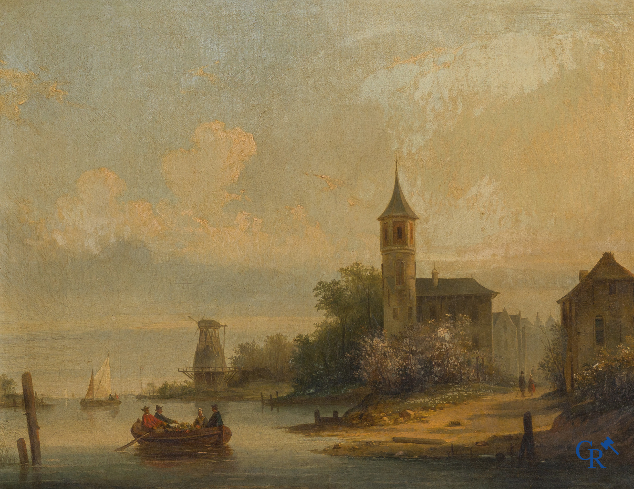 Smets Louis (1840-1896) Polderlandschap met personages op een sloep. Olie op mahonie. Gesigneerd rechtsonder.