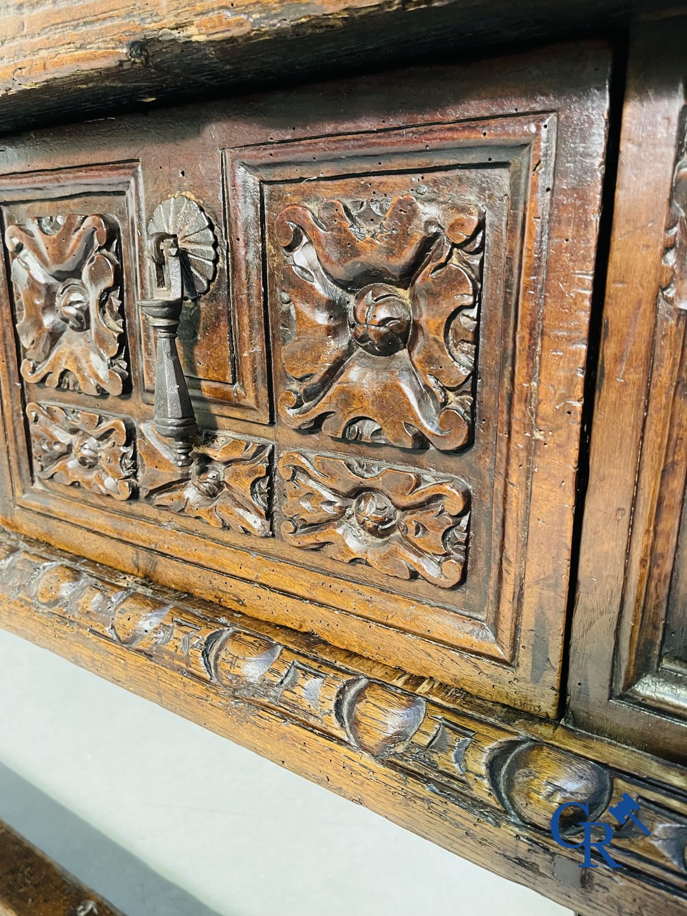 Furniture: 17th century carved walnut table with 3 drawers.