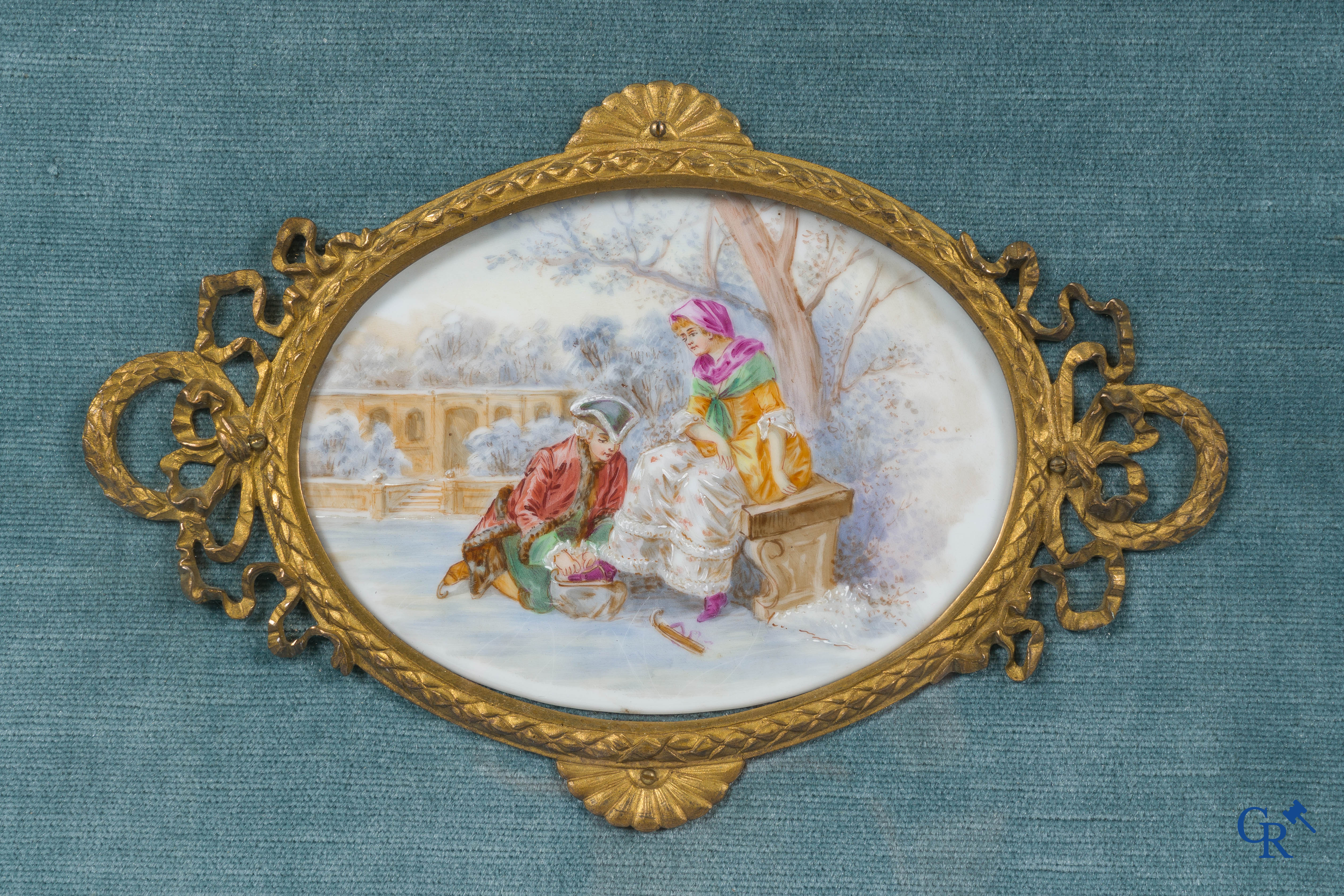 European porcelain in the manner of Sèvres, a set of 6 large porcelain plaques in a bronze LXVI-style frame.