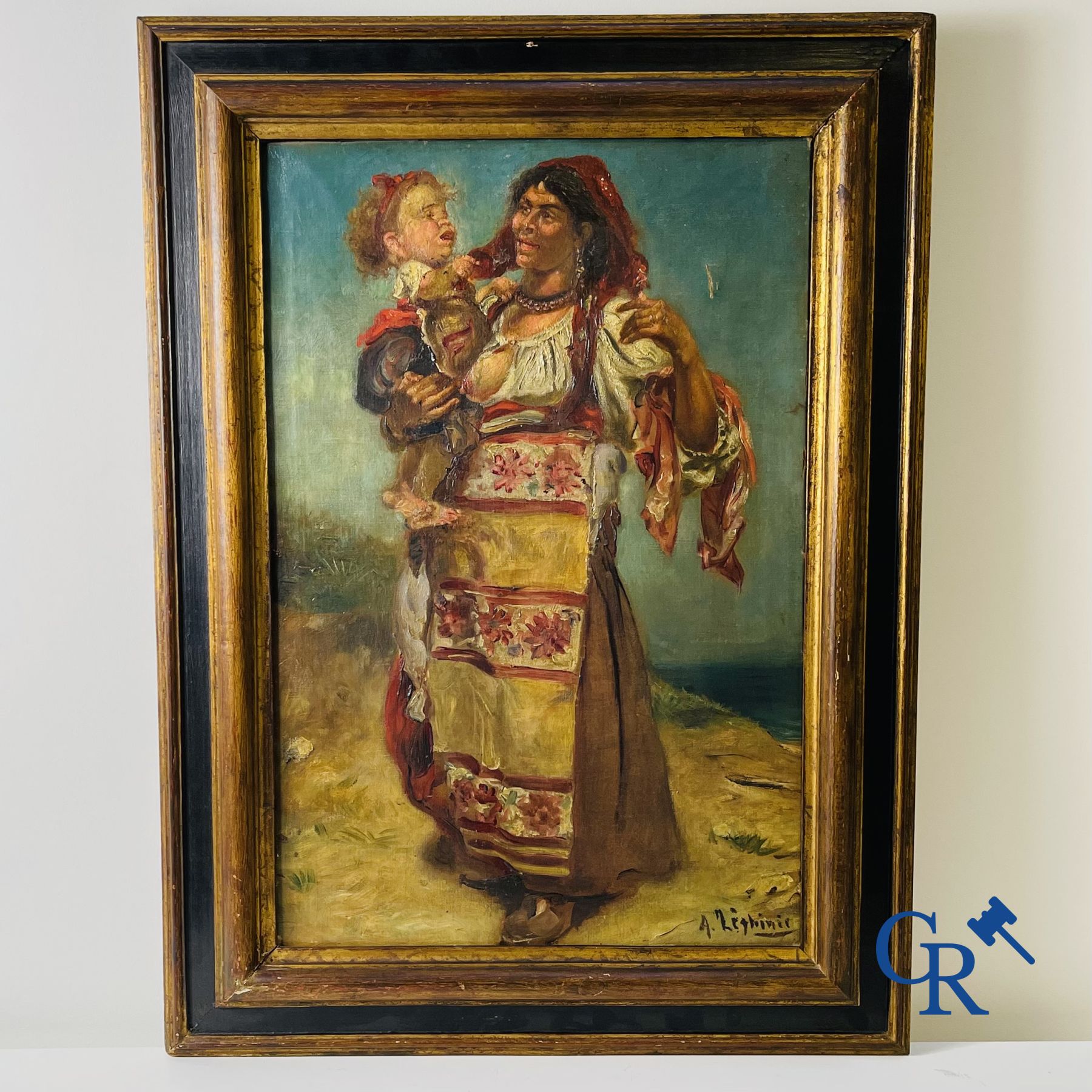 Painting: oil on canvas, illegibly signed. Gypsy woman with child.