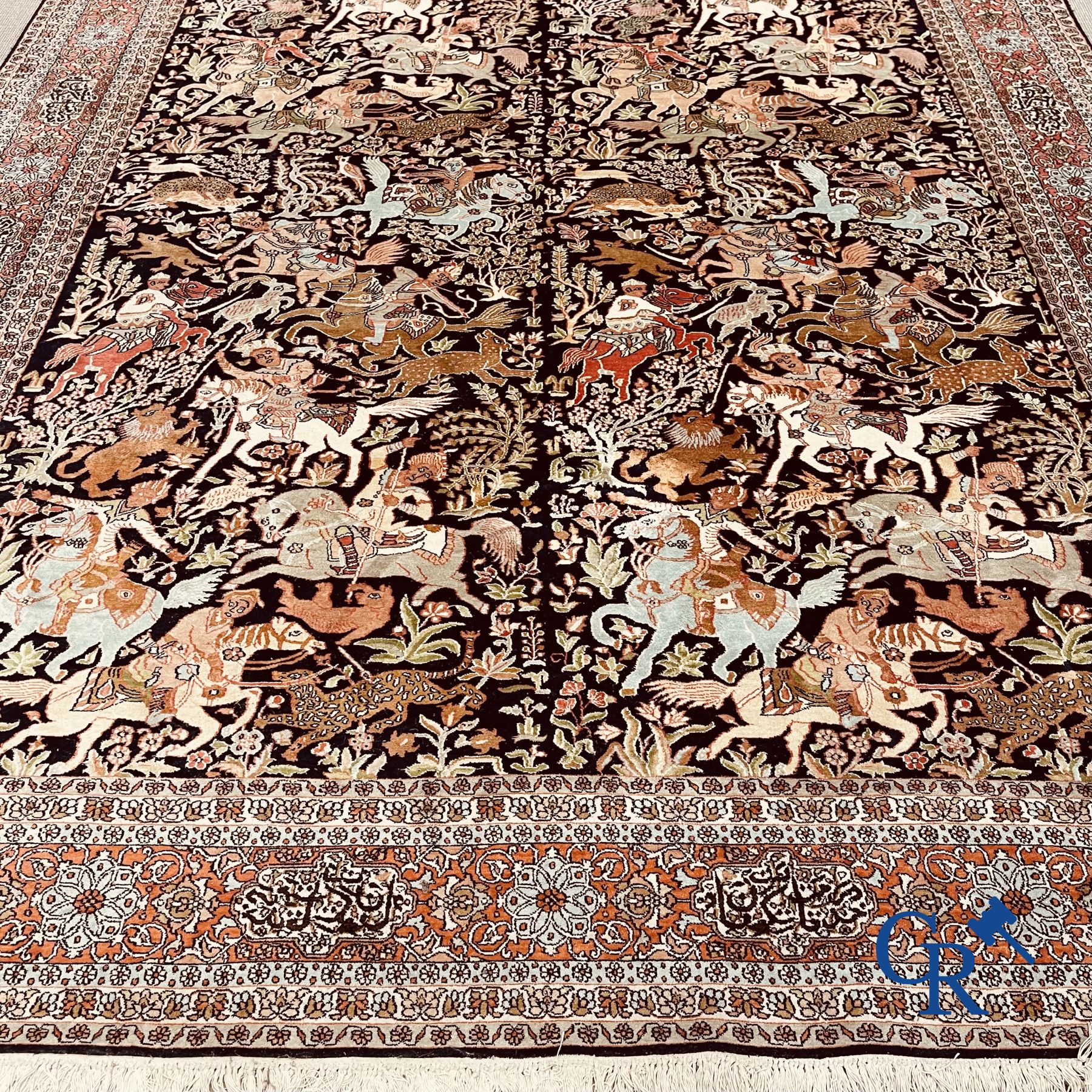 Carpets: Ghoum: Large silk carpet with hunting scenes. Wool and silk.