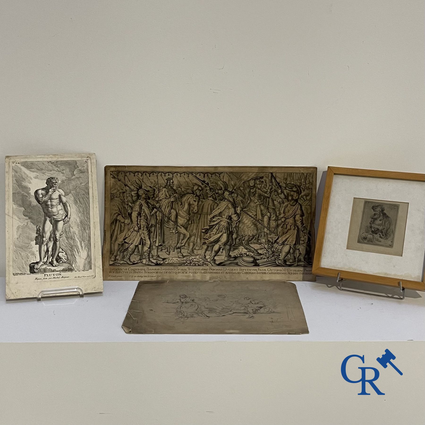 Interessant lot van 2 antieke gravures, een schets en een ets van W. Linnig.