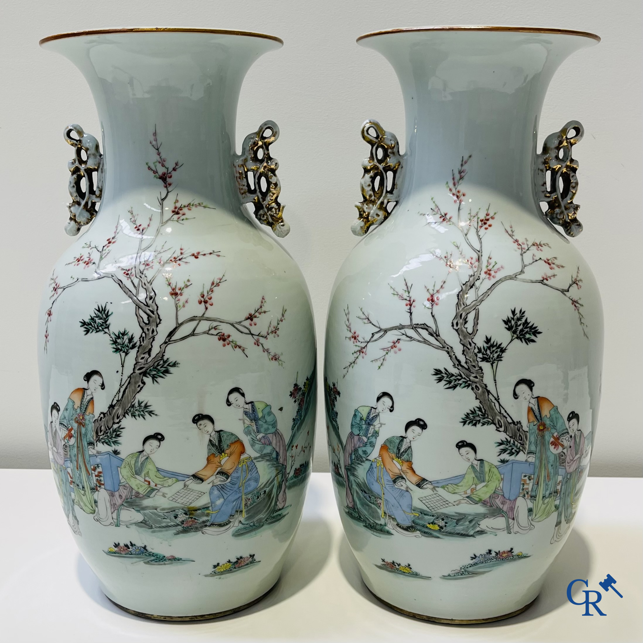 Asian Art: Chinese porcelain, a pair of Chinese vases with ladies in a garden. Republic period.