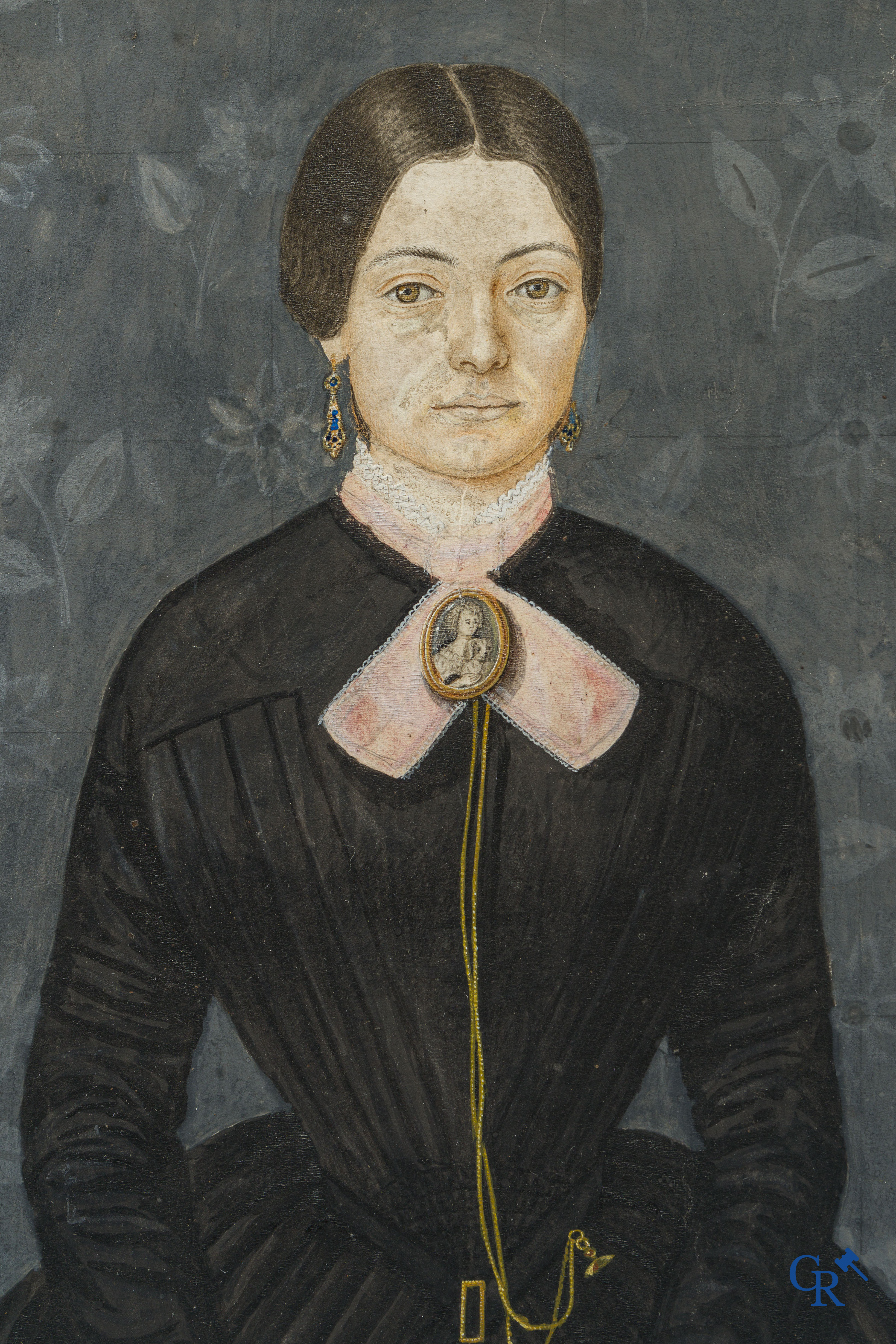 Ammi Phillips (1788-1865) Amerikaanse folk art. Portret van een jonge vrouw met kanten kraag en sieraden.
