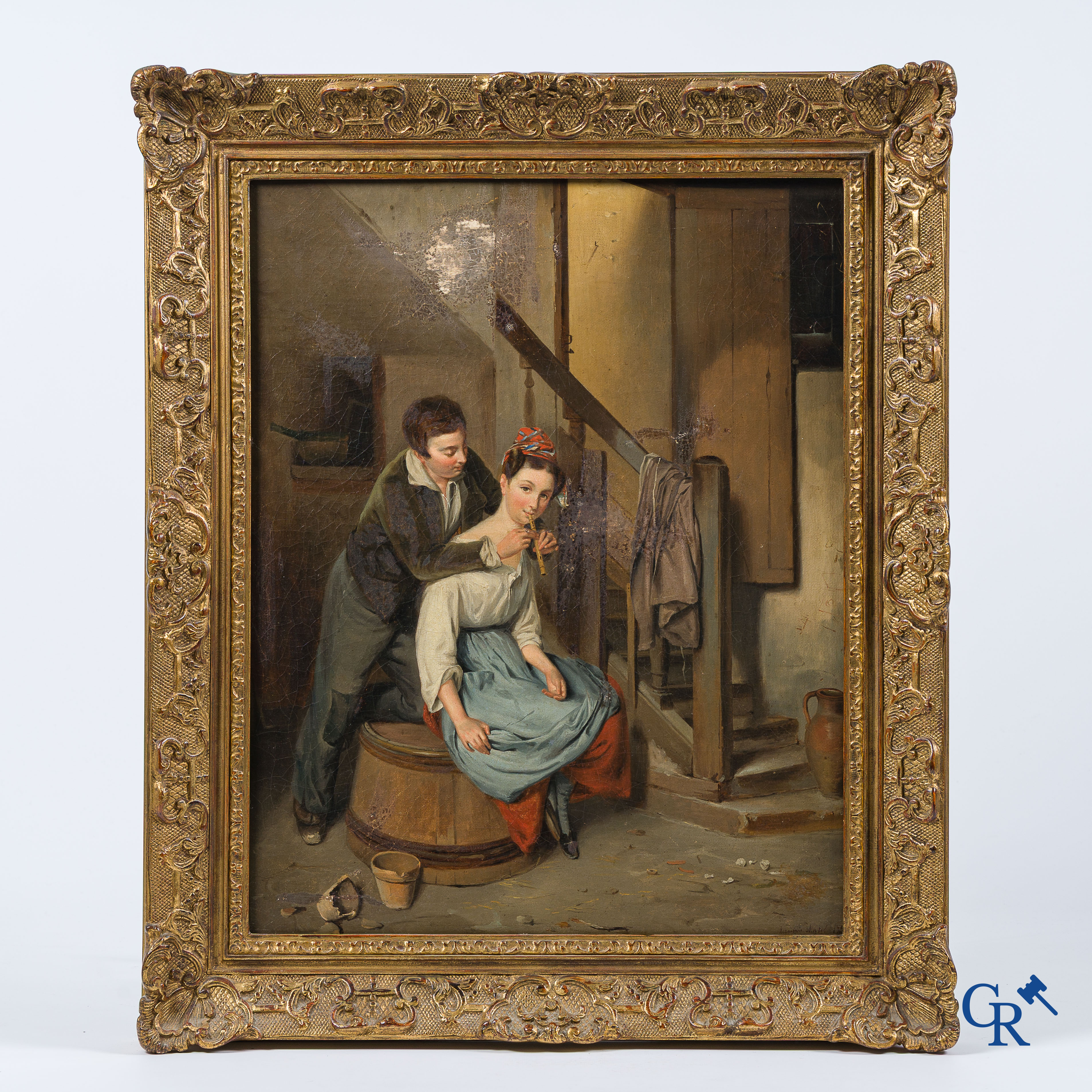 Onleesbaar gesigneerd. "Verliefd paar". Olie op doek. Gesigneerd en gedateerd 1891.