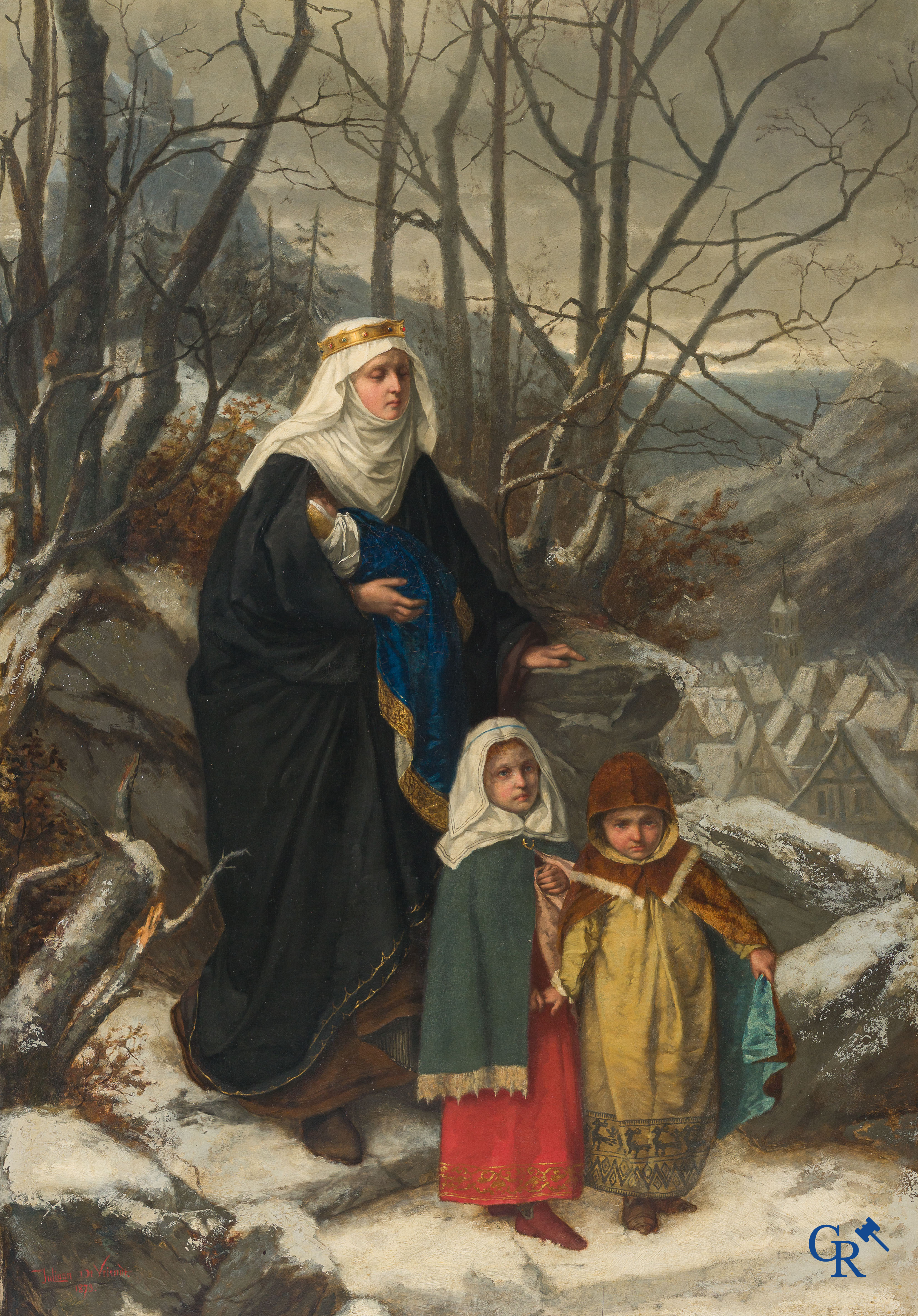 Juliaan De Vriendt. (1842-1935) "Sainte-Elisabeth chassée de la Wartbourg"  Olie op paneel. Gedateerd 1873.