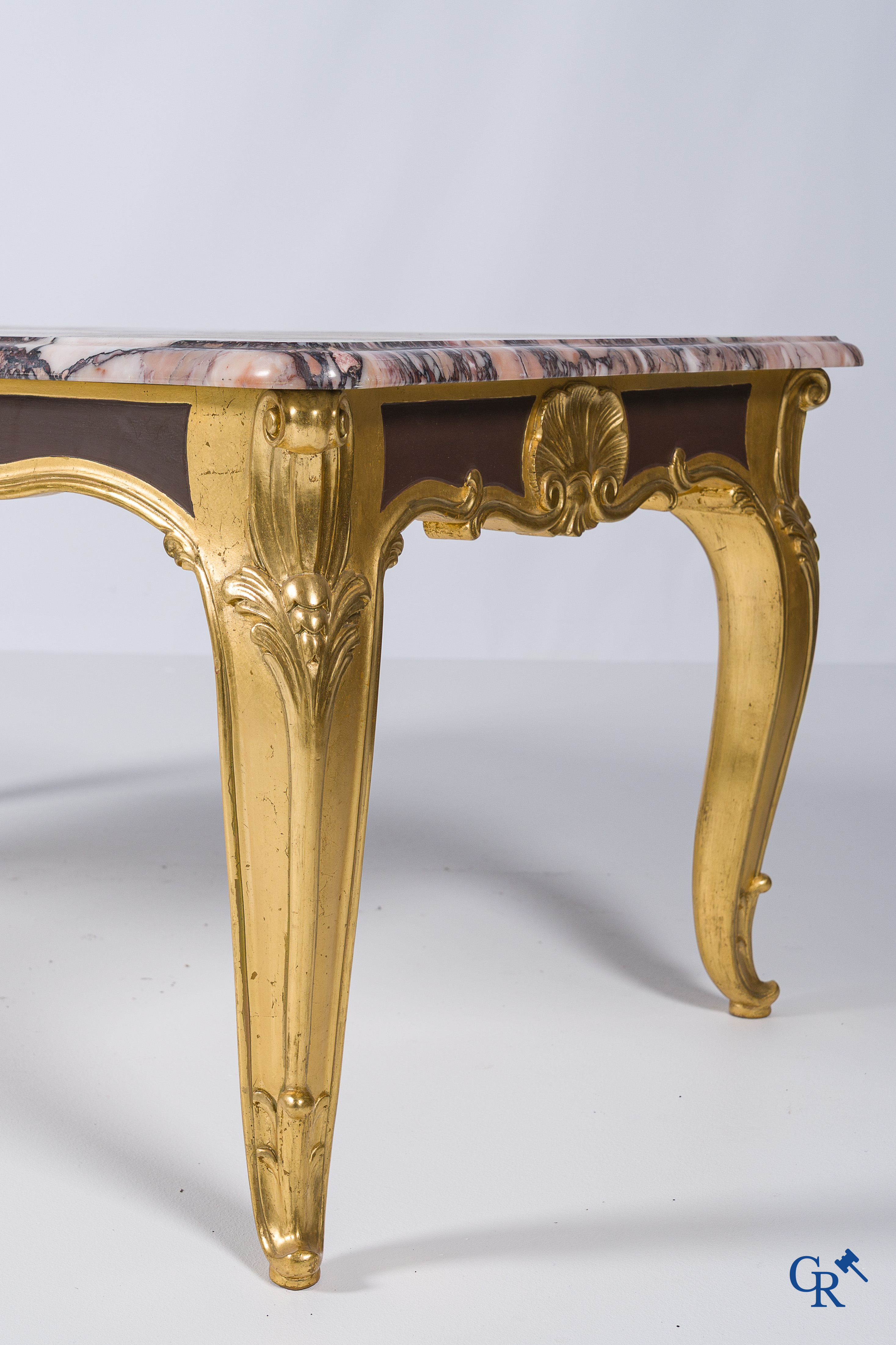 Furniture. Coffee table in gilded wood and marble top and 2 chairs with cannage. LXV style.