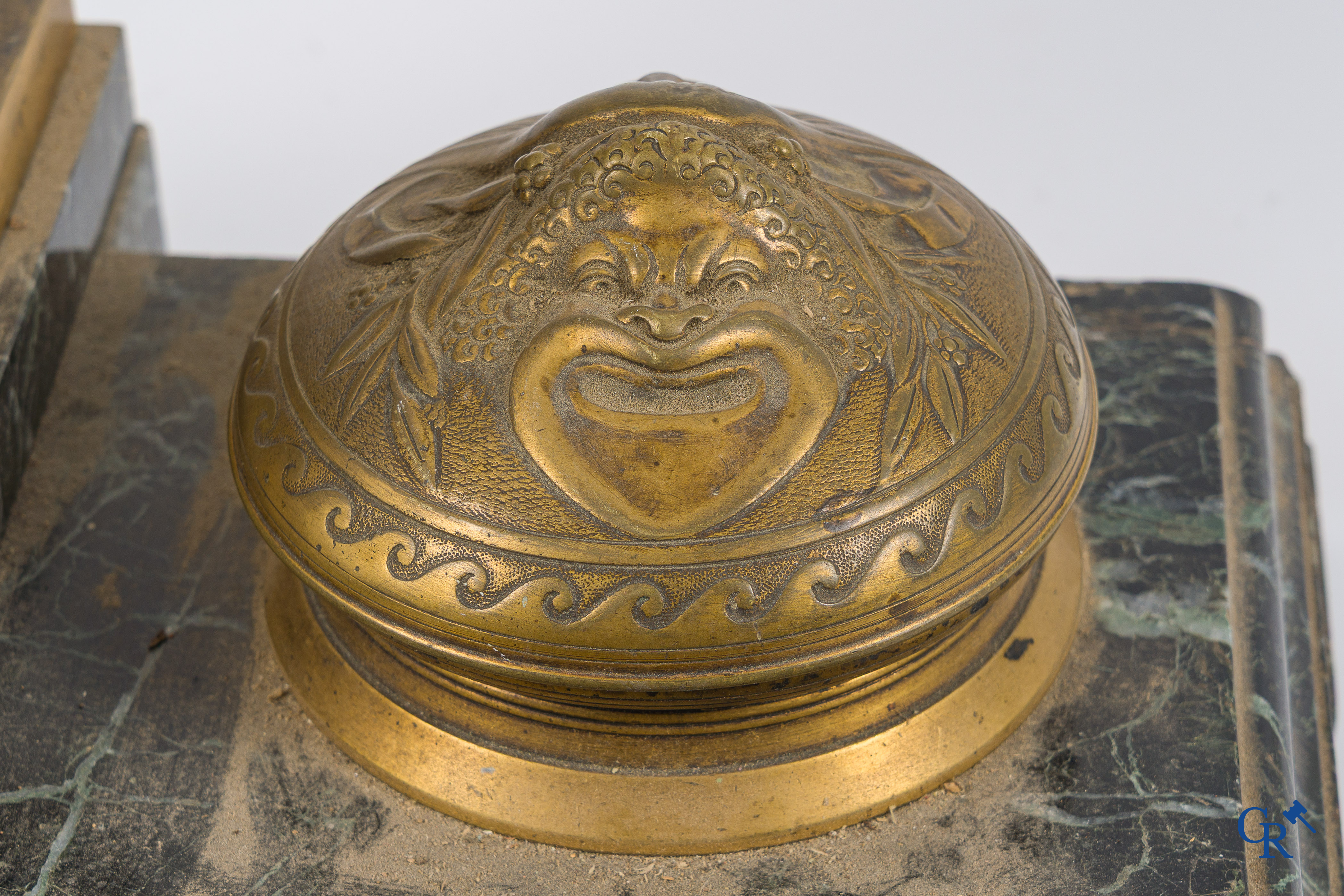 Napoleon III period. Exceptionally large desk set or ink set in gilded bronze and marble.