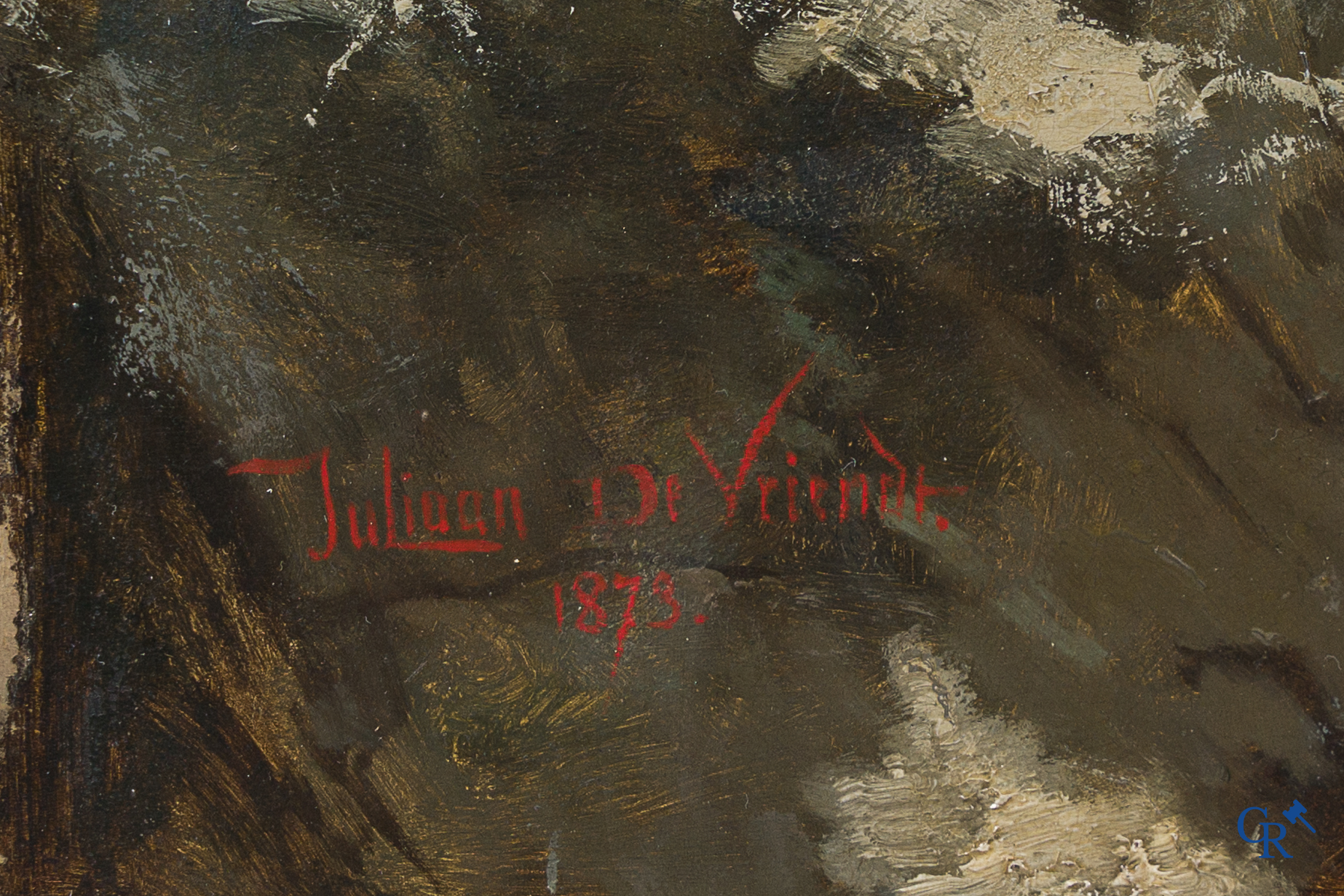 Juliaan De Vriendt. (1842-1935) "Sainte-Elisabeth chassée de la Wartbourg"  Olie op paneel. Gedateerd 1873.