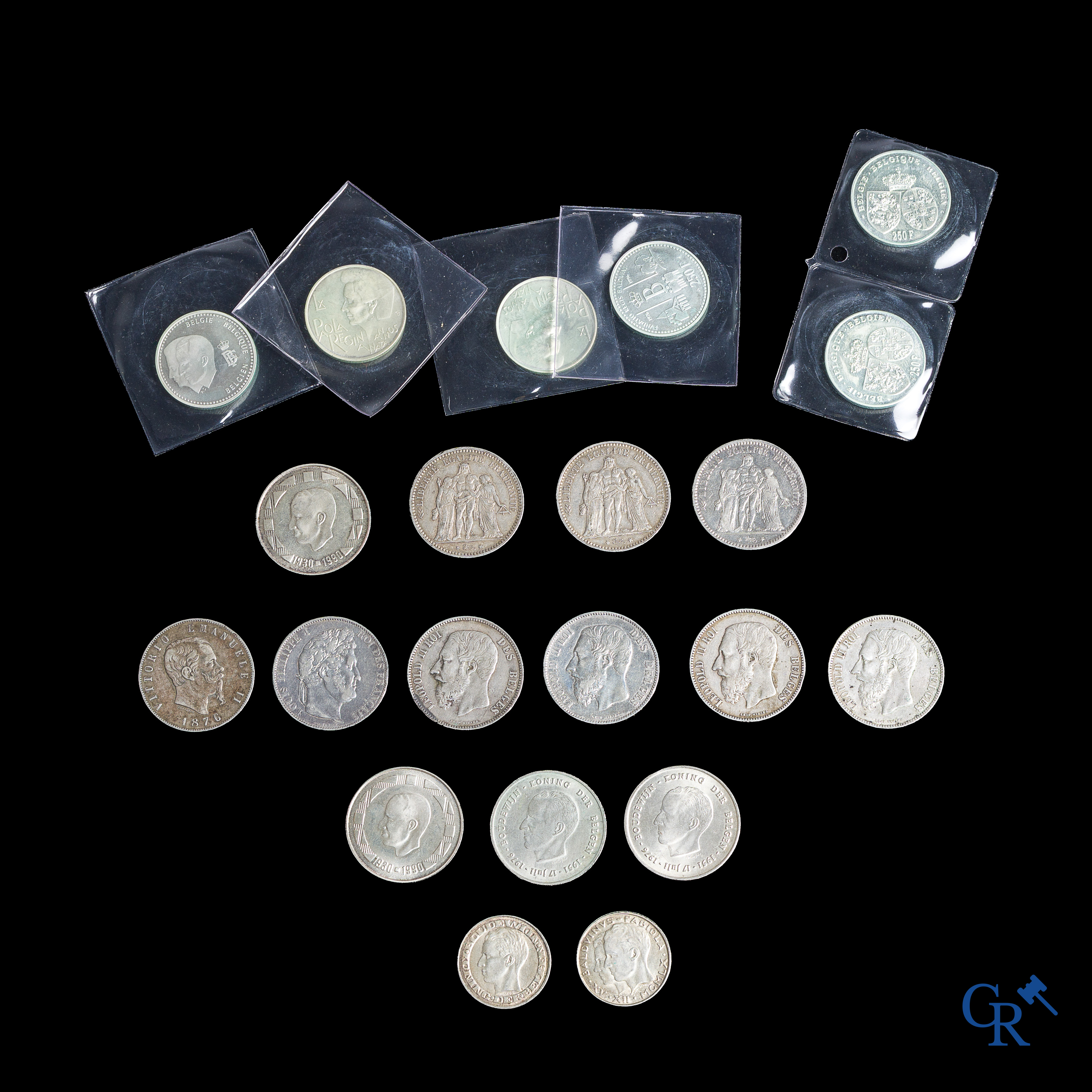Numismatiek. Zilver. Kavel diverse munten in zilver. België, Frankrijk en Italië.