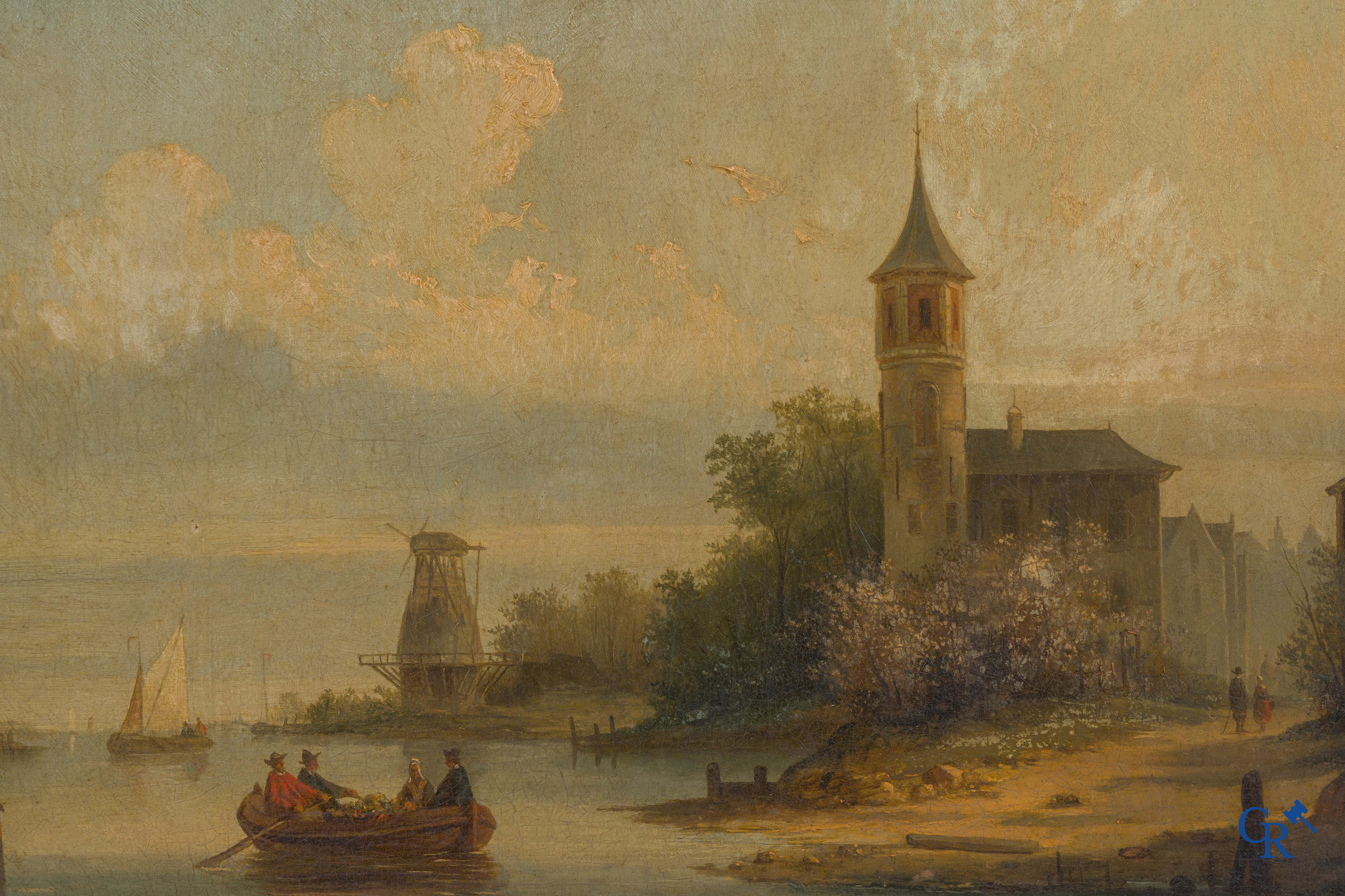 Smets Louis (1840-1896) Polderlandschap met personages op een sloep. Olie op mahonie. Gesigneerd rechtsonder.