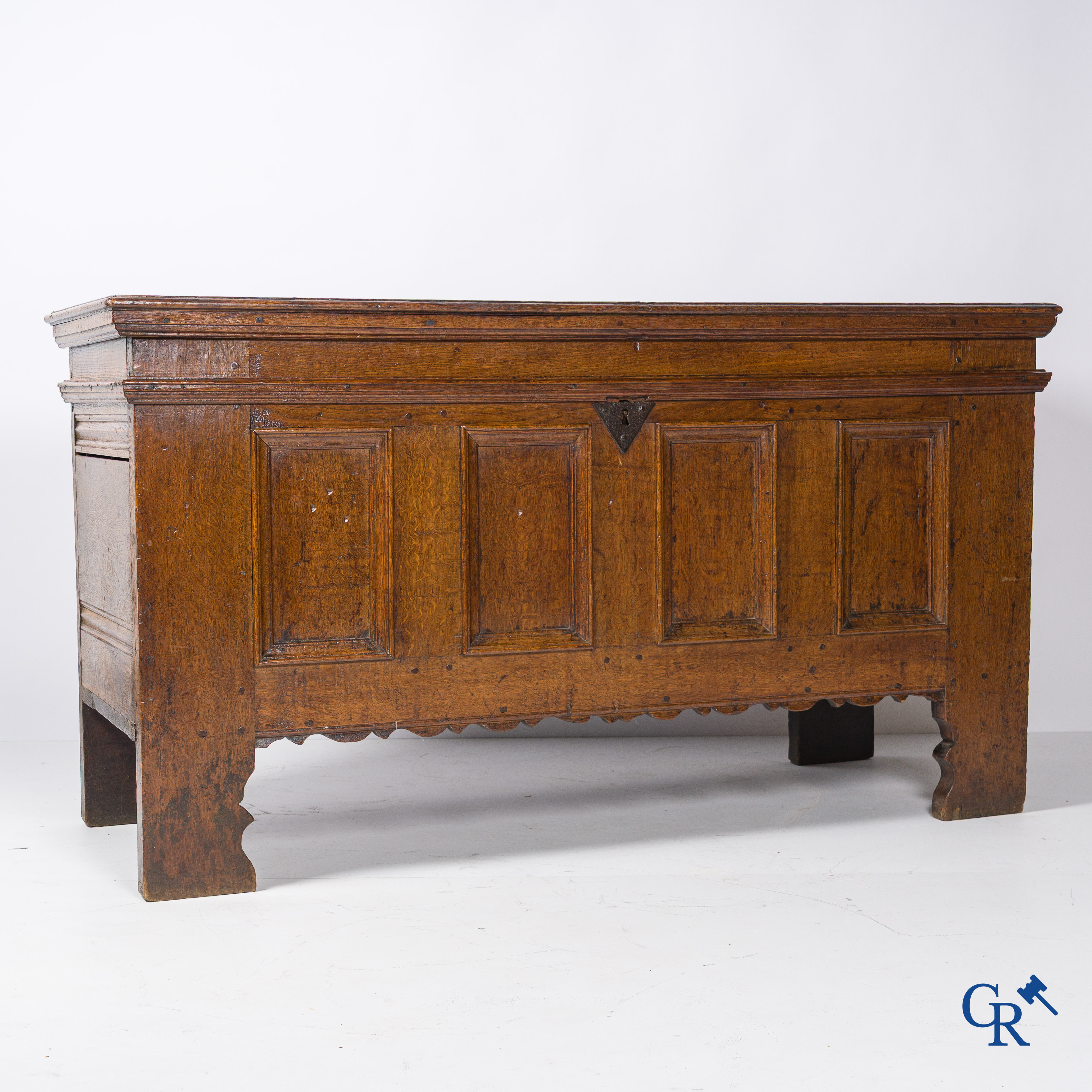 Oak trunk with original wrought iron lock work. Beautiful patina. 18th century.