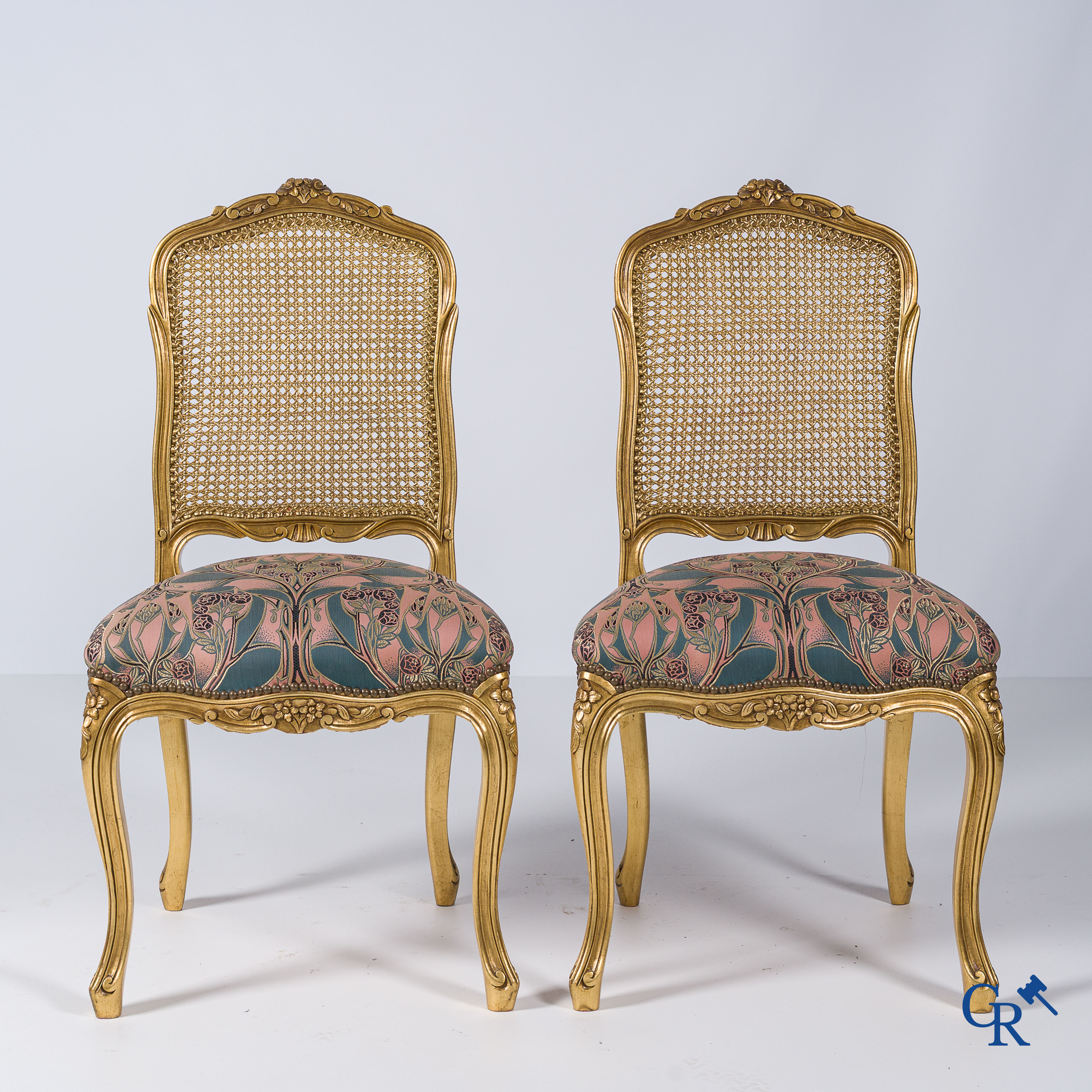 Furniture. Coffee table in gilded wood and marble top and 2 chairs with cannage. LXV style.