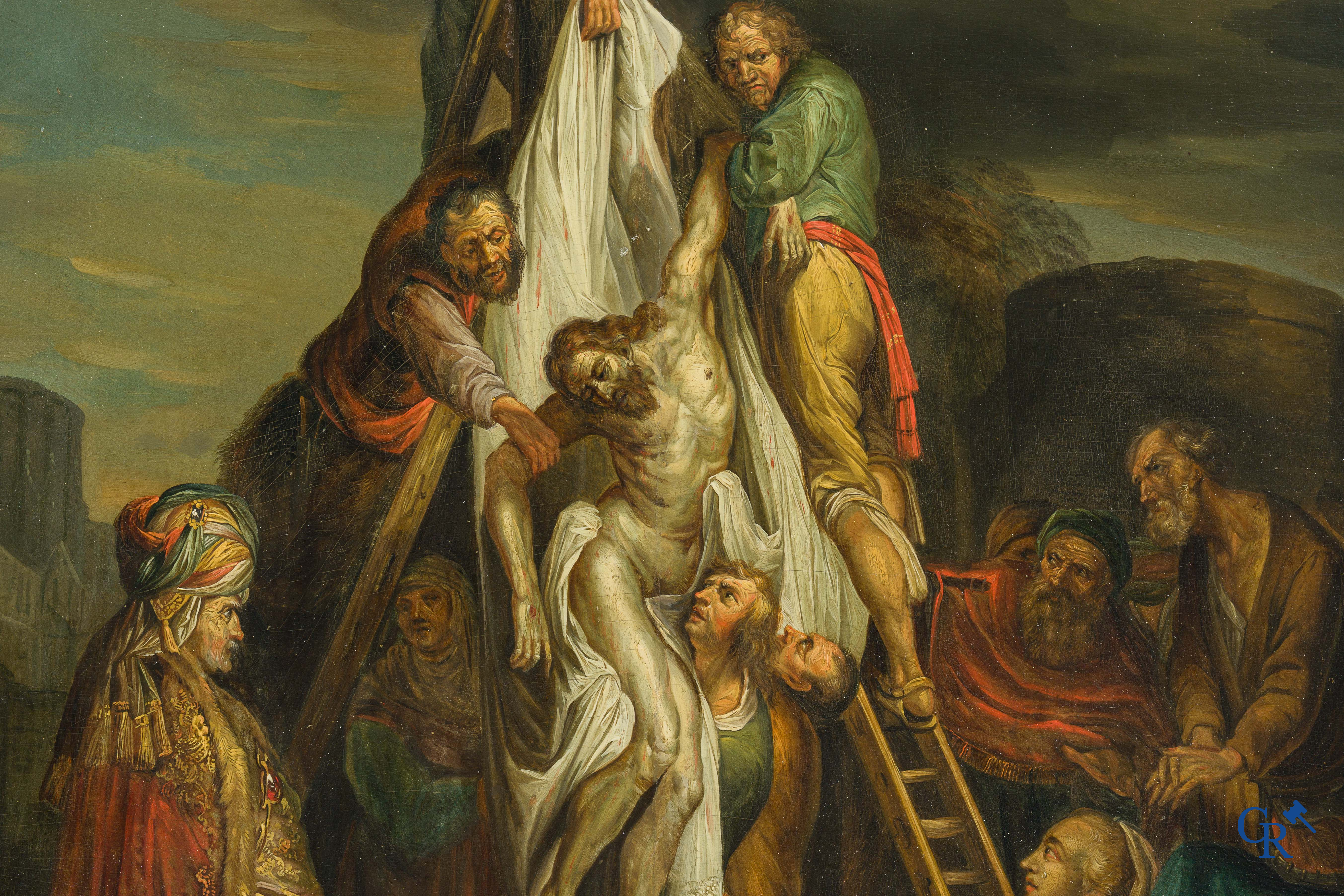 Painting. After Rembrandt van Rijn. The Descent from the Cross. Oil on parqueted panel. 18th century.