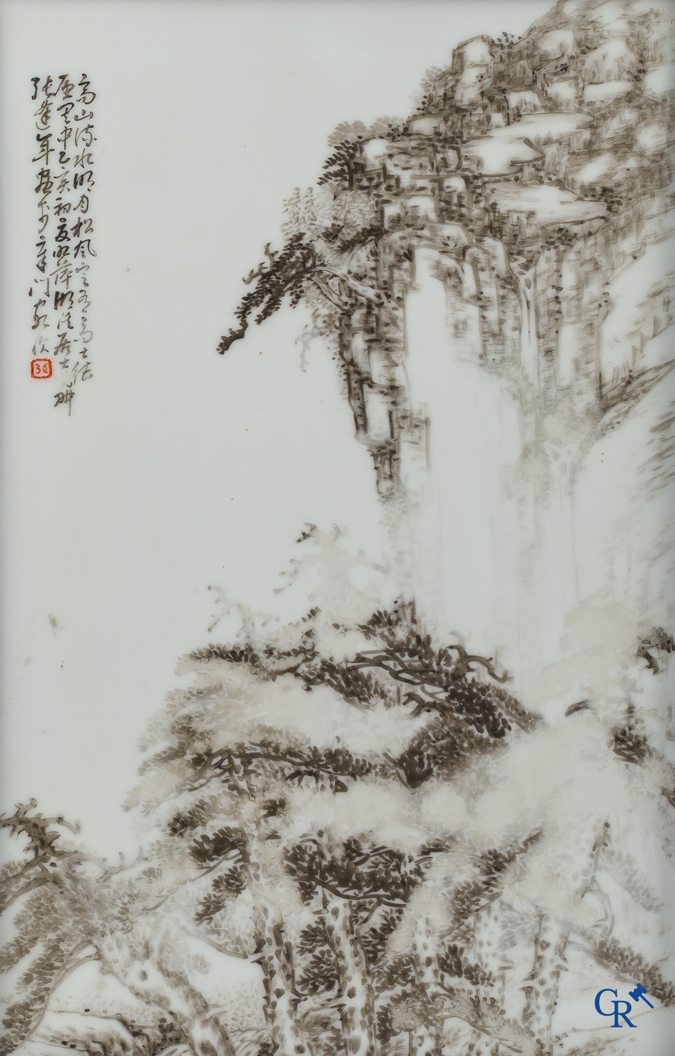 Asian Art. A large Chinese porcelain qianjang cai plaque. Signed. With old label of Galerie Stampaert in Ghent.