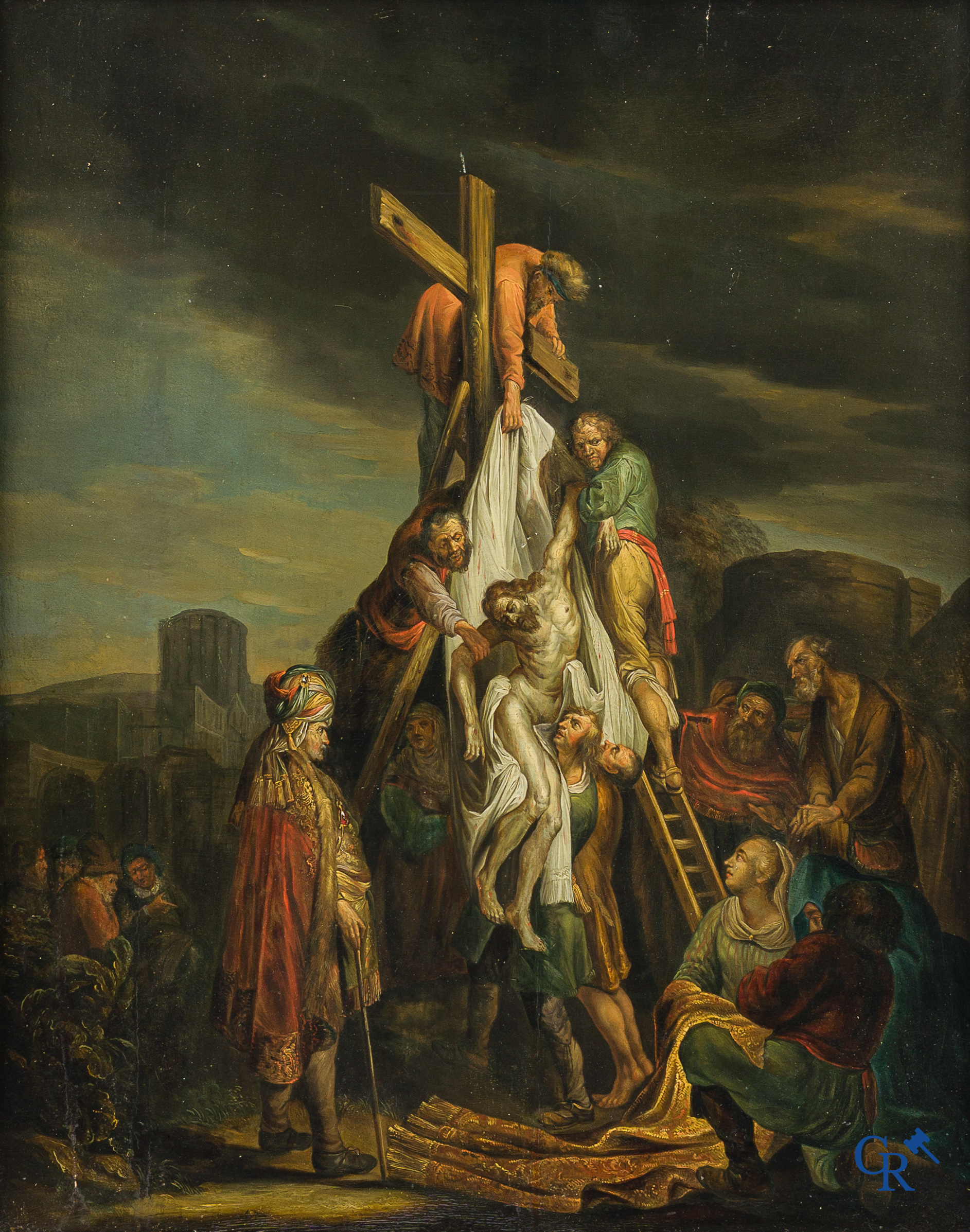 Painting. After Rembrandt van Rijn. The Descent from the Cross. Oil on parqueted panel. 18th century.