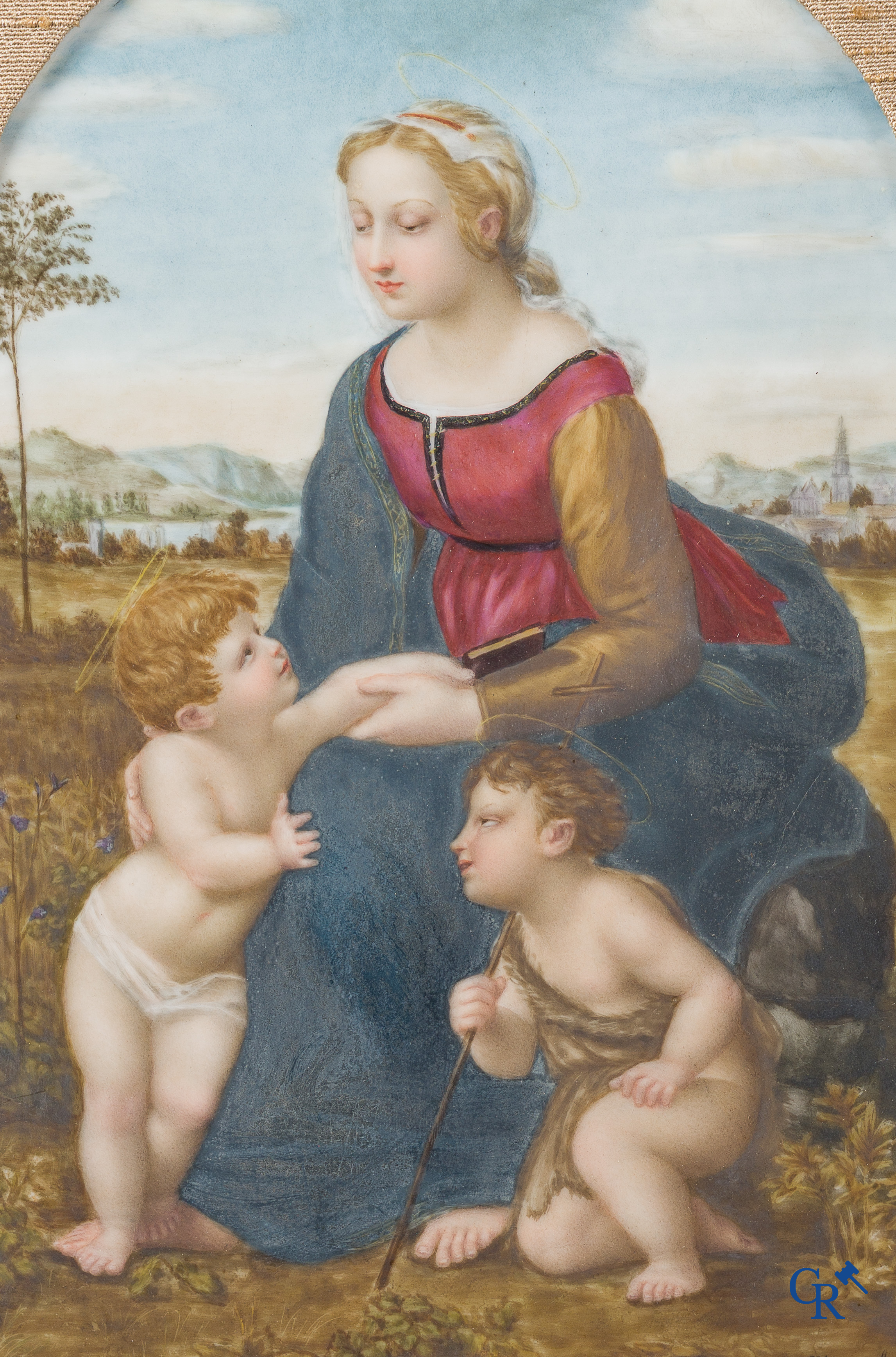 In de stijl van Meissen of KPM. Schilderij op porselein. Naar Raphaël. "La Belle Jardinière".