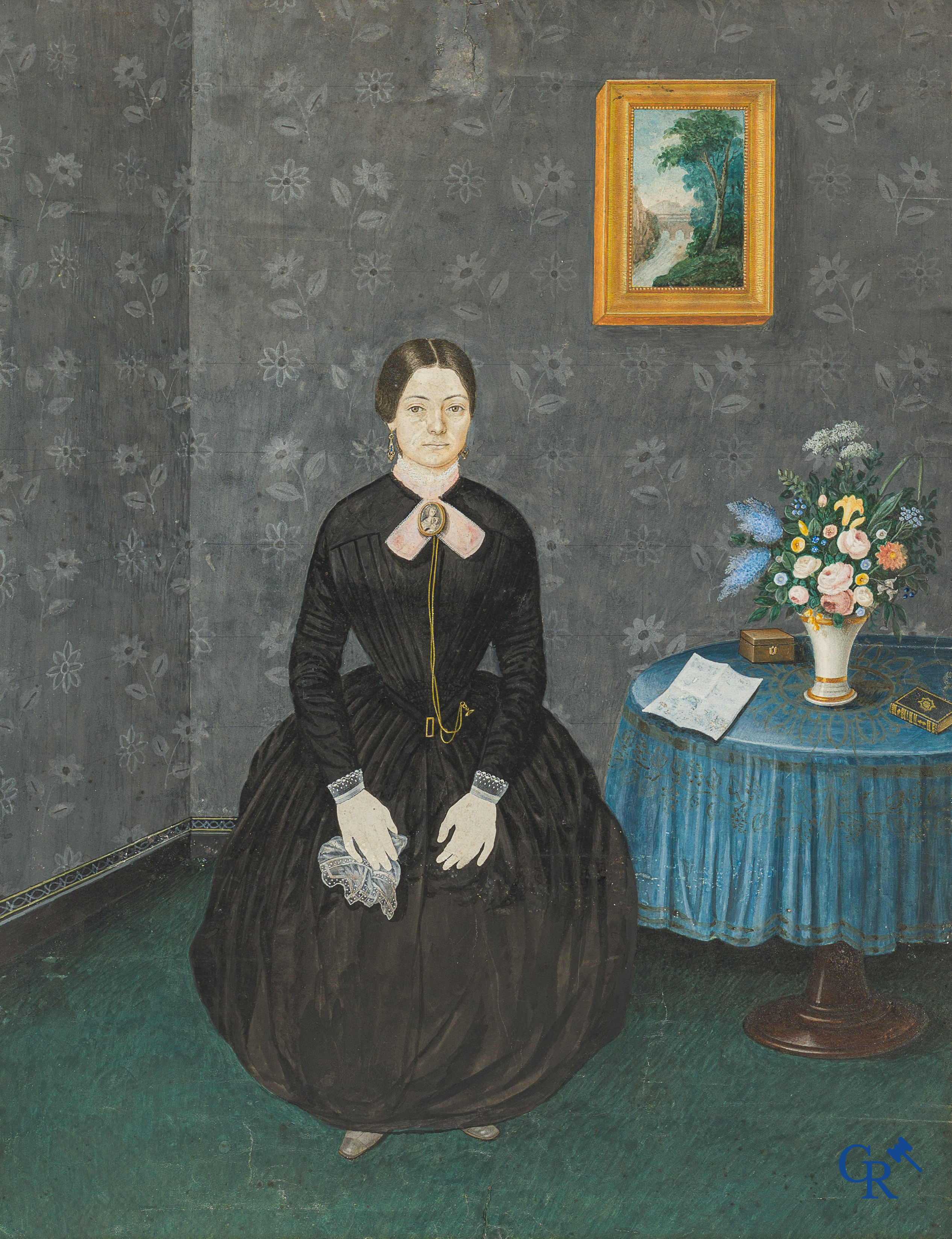 Ammi Phillips (1788-1865) Amerikaanse folk art. Portret van een jonge vrouw met kanten kraag en sieraden.