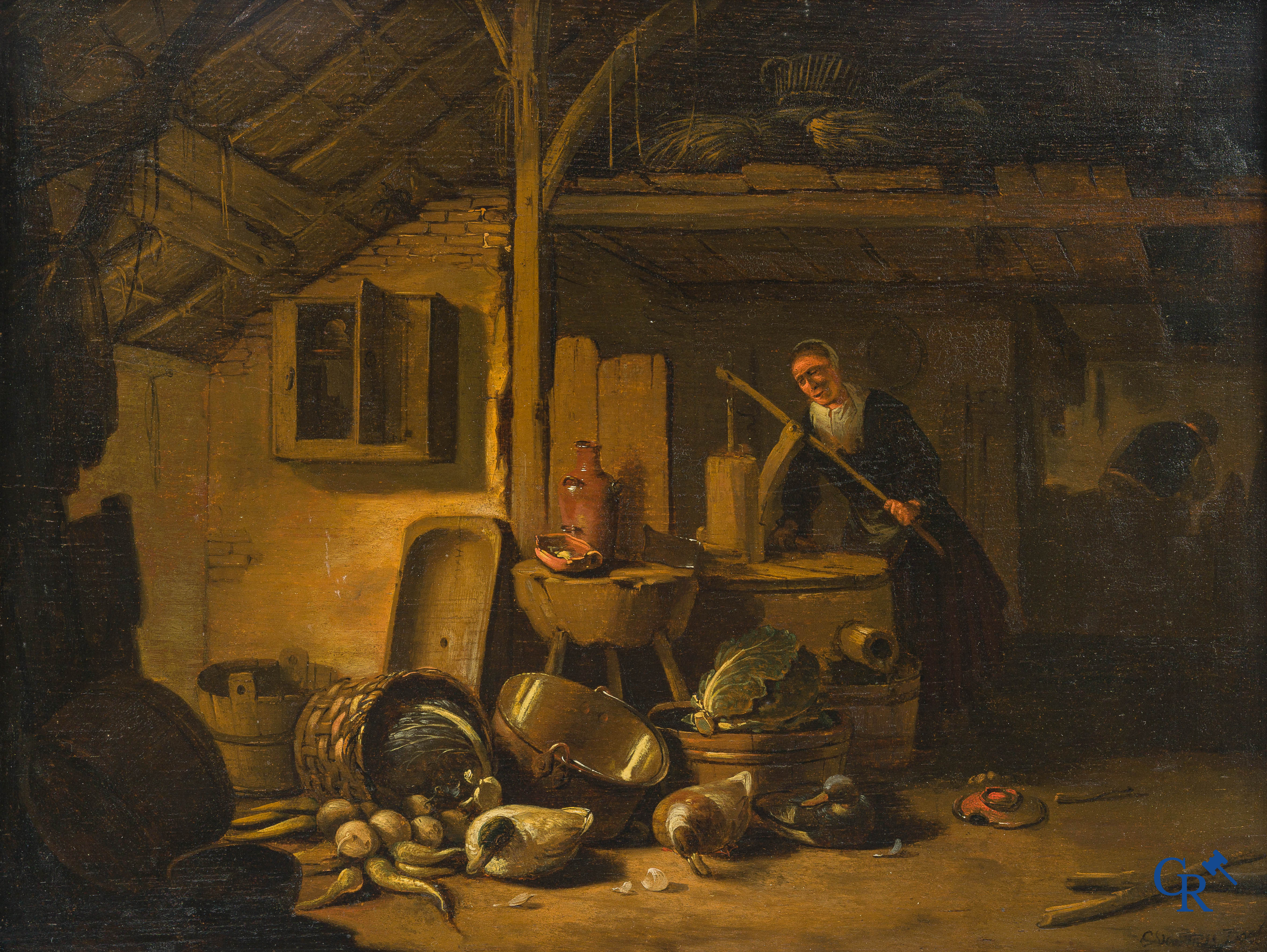 Egbert Van der Poel (1621-1664) Rustiek interieurscène. Olie op paneel. Rechtsonder gesigneerd.