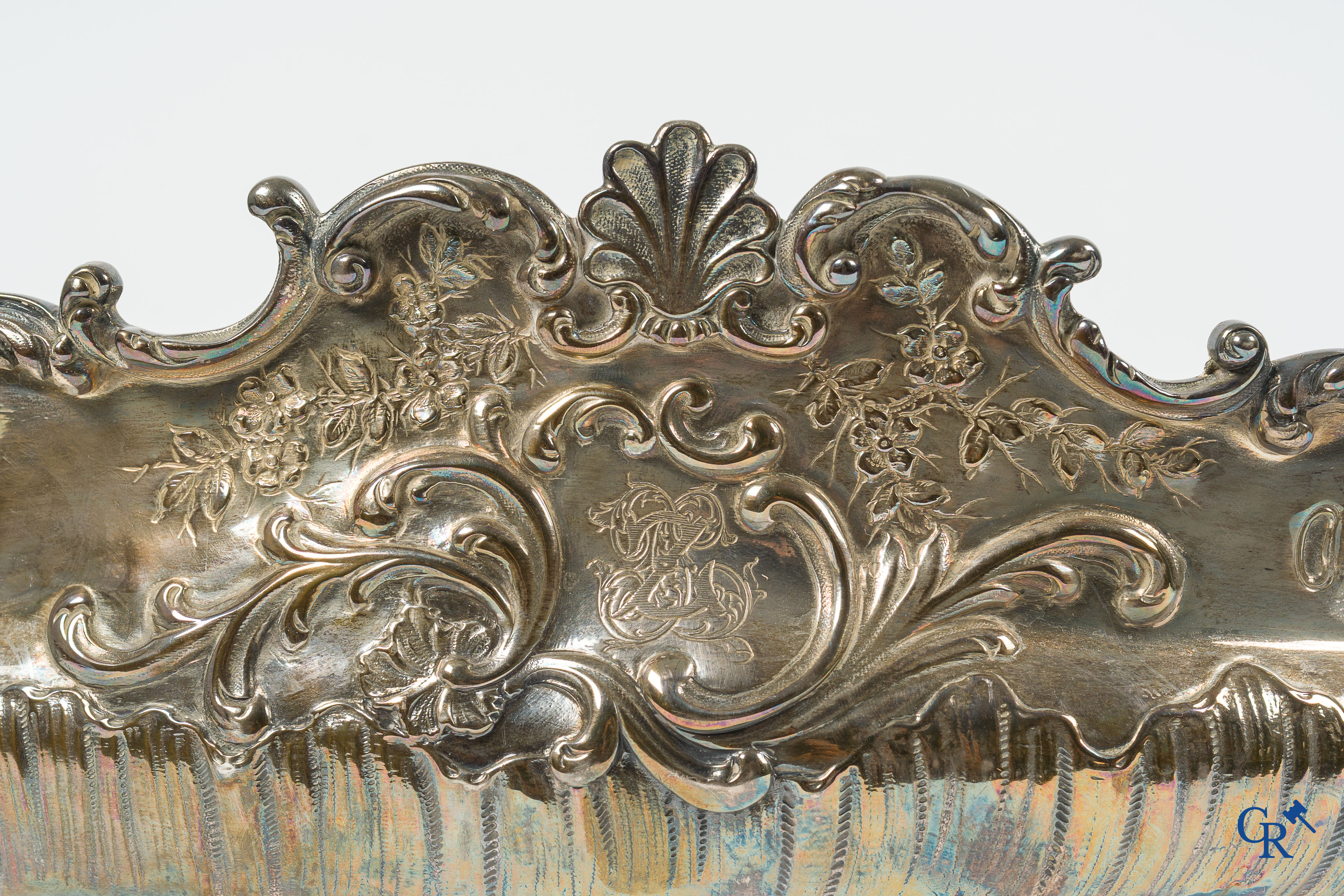 Silver. Decorative center piece or "milieu de table" in silver. Marked with a Minerva head. LXV style.