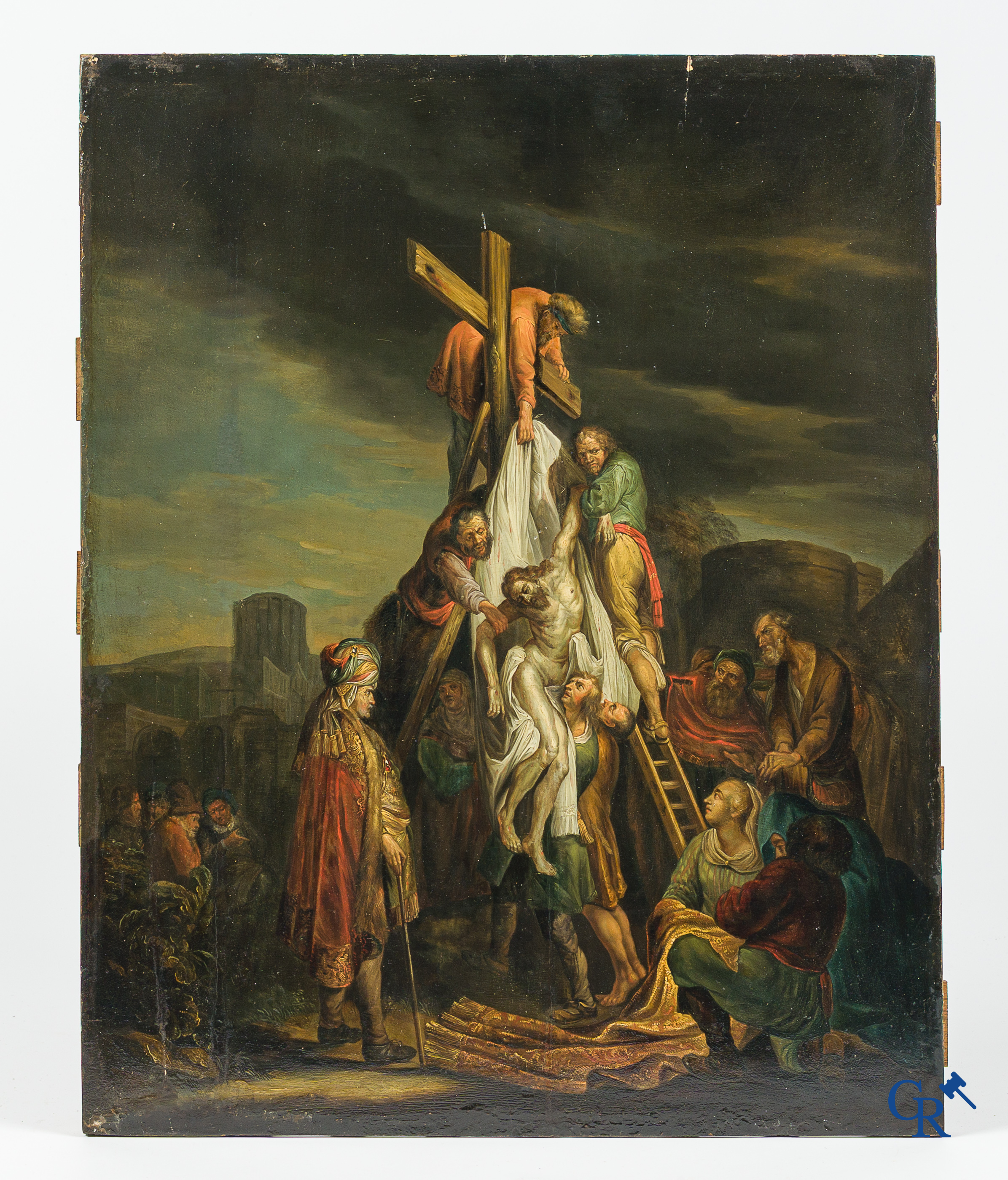 Painting. After Rembrandt van Rijn. The Descent from the Cross. Oil on parqueted panel. 18th century.