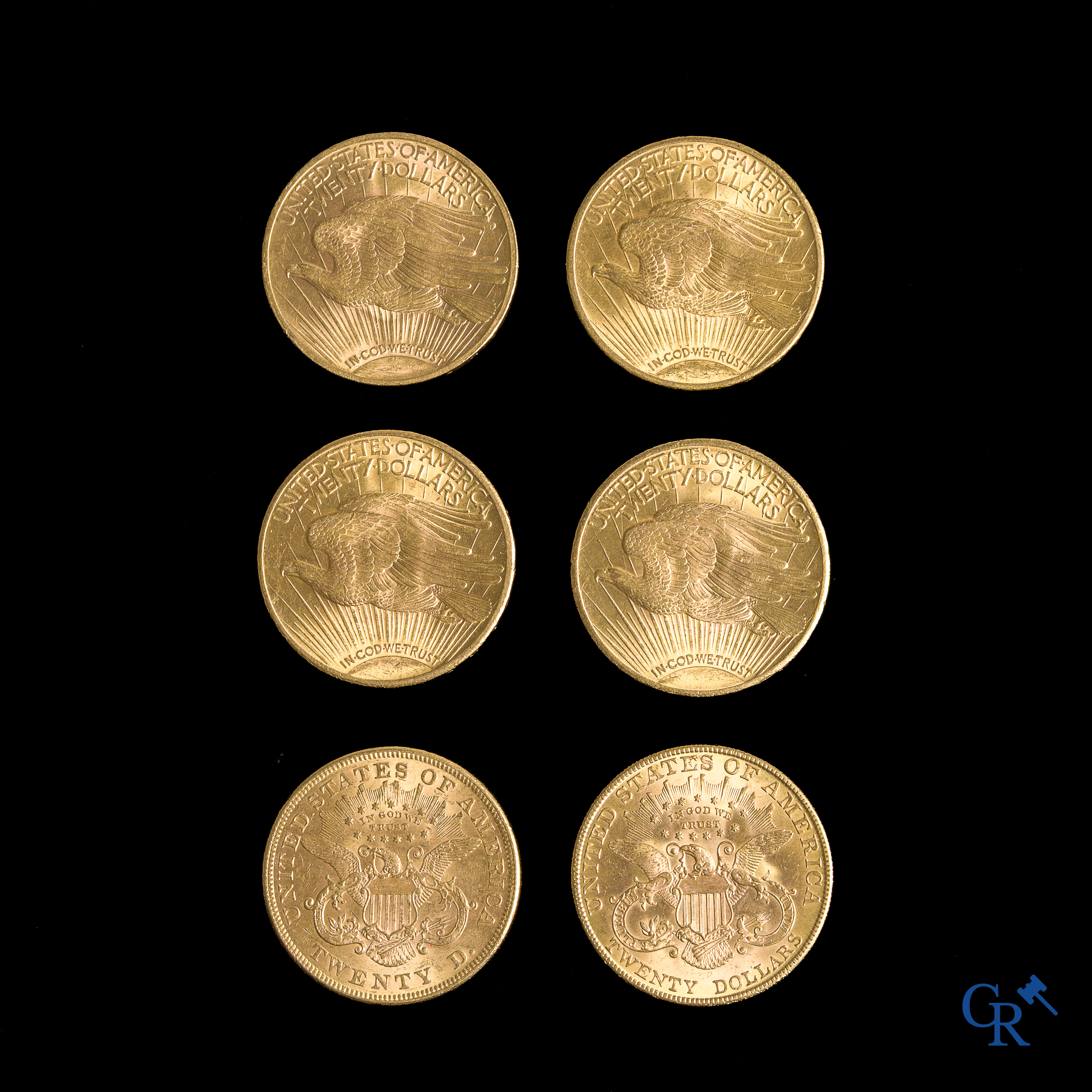 Munten. 6 gouden Amerikaanse dollars. 4 x Liberty (1923, 1924 (2) en 1928). 2 x Gaudens (1873 en 1907).