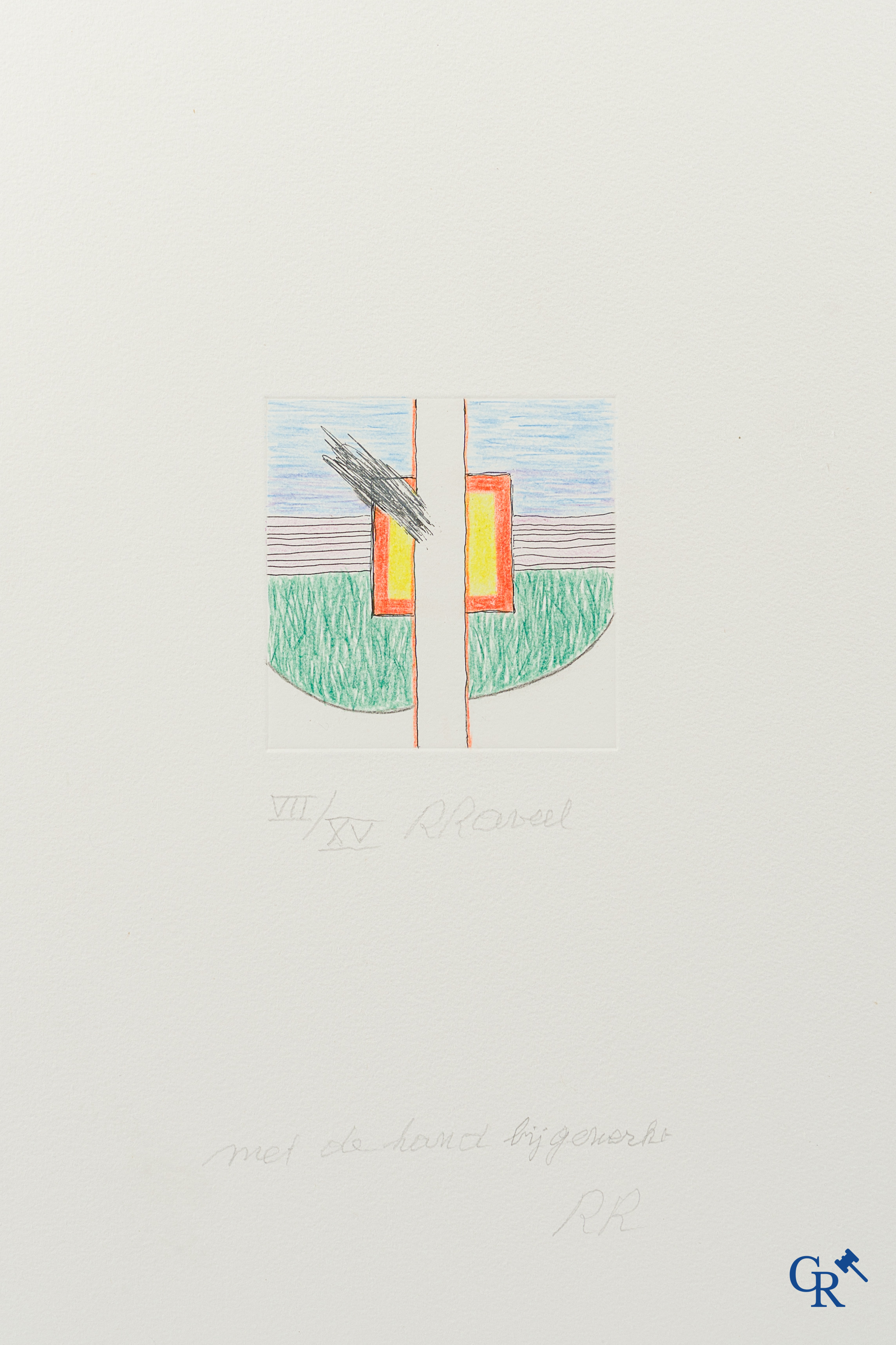 Roger Raveel (1921-2013)(*) "Het essentiële" Met de hand ingekleurde en bijgewerkte ets. Genummerd VII/XV.
