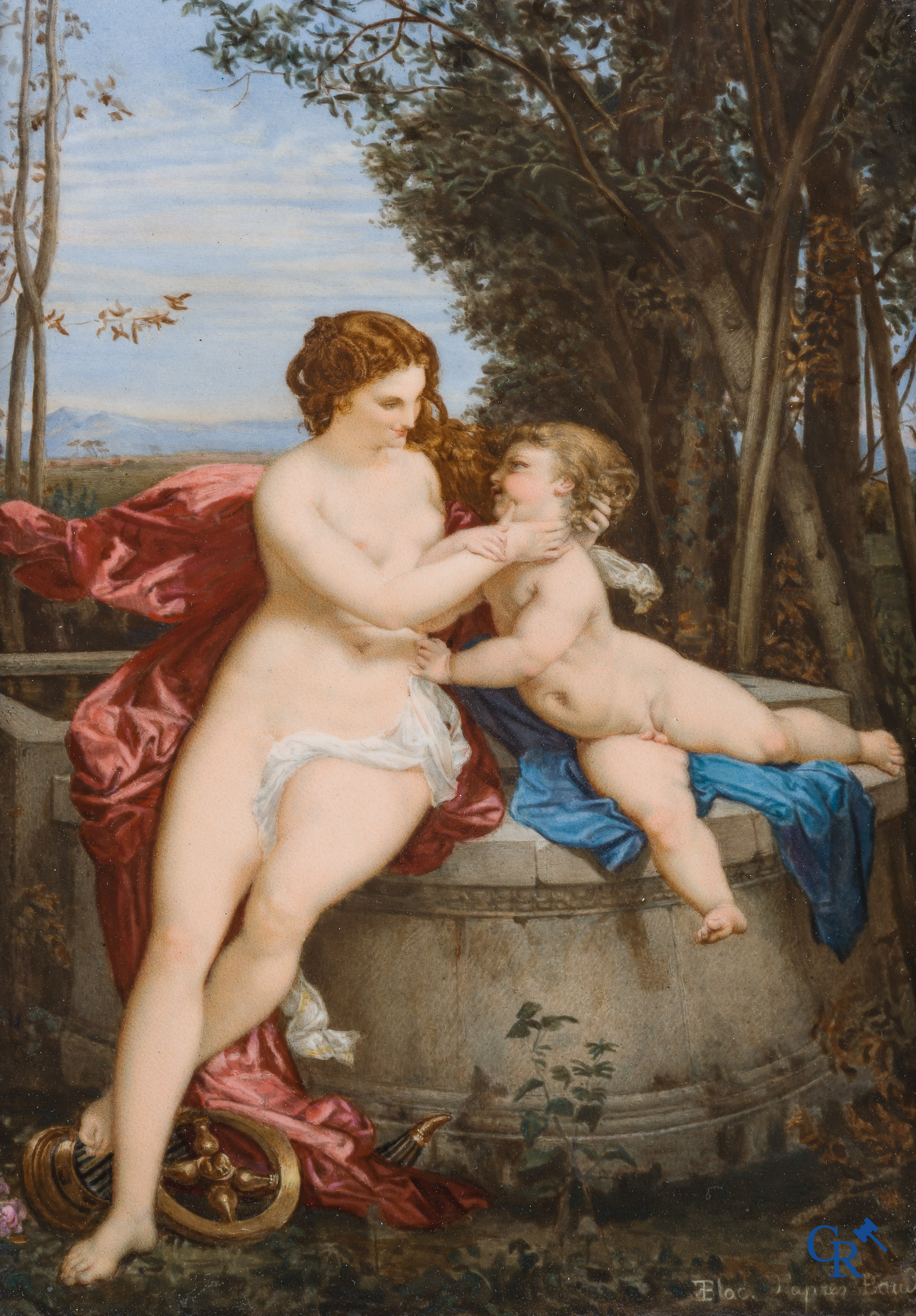In de stijl van Meissen of KPM. Porselein. Naar Paul Baudry. "La Fortune et le Jeune Enfant" Gedateerd 1859.